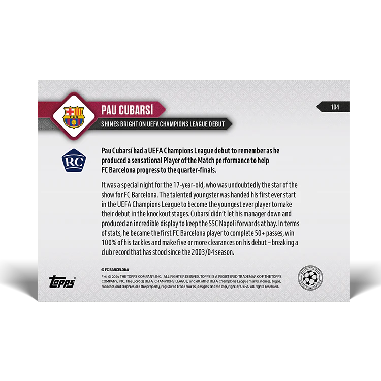 Topps UK - Pau Cubarsí - Shines bright on UEFA Champions League debut - UCL TOPPS NOW® Card #104