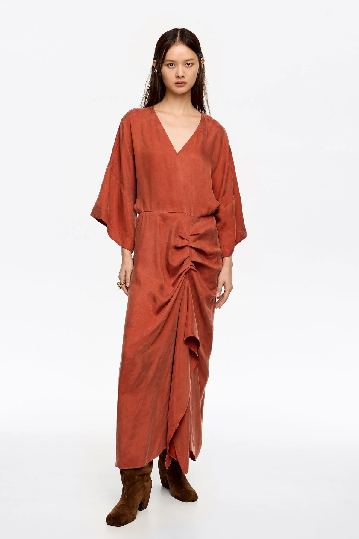 Burnt orange fluid ruffle dress