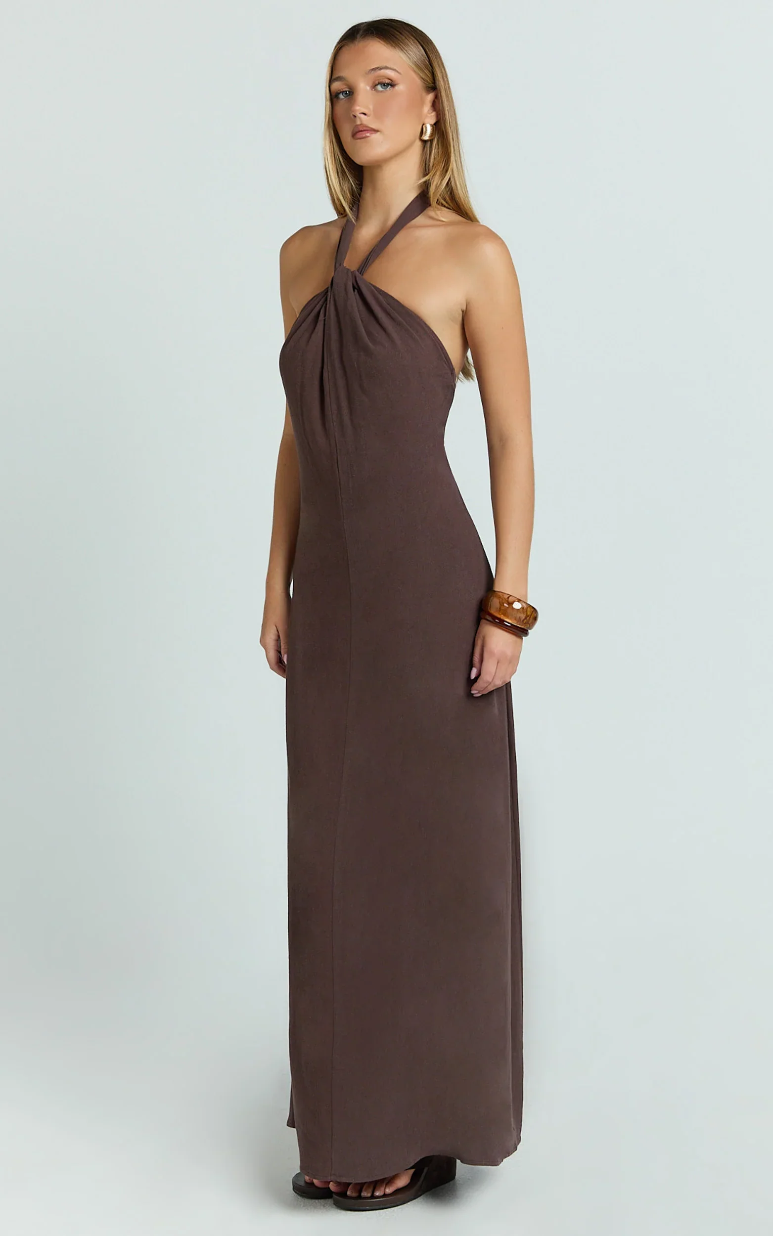Hilda Maxi Dress - Knot Detail Halter Neck Maxi Dress in Chocolate