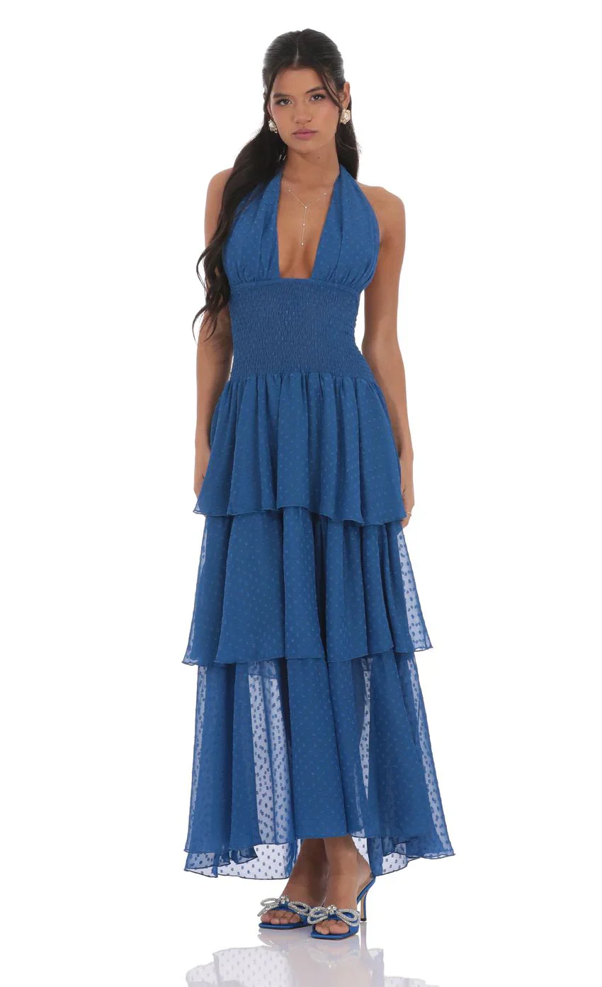 Dotted Smocked Halter Maxi Dress in Blue
