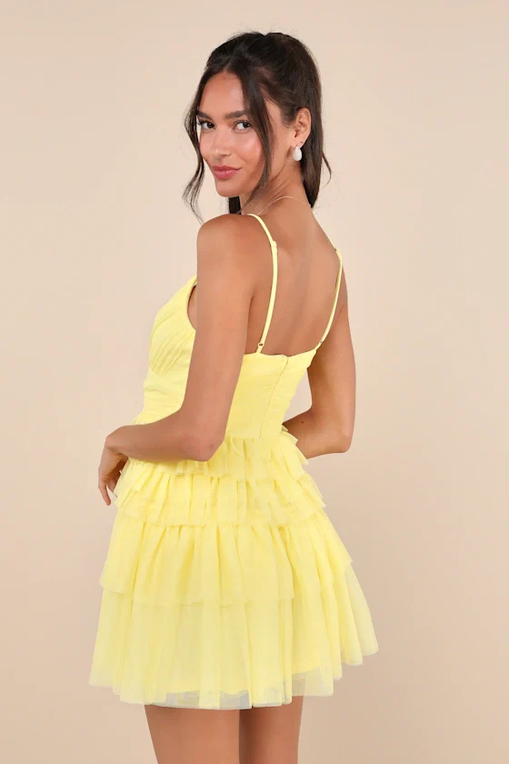 Special Poise Yellow Tulle Pleated Sleeveless Tiered Mini Dress