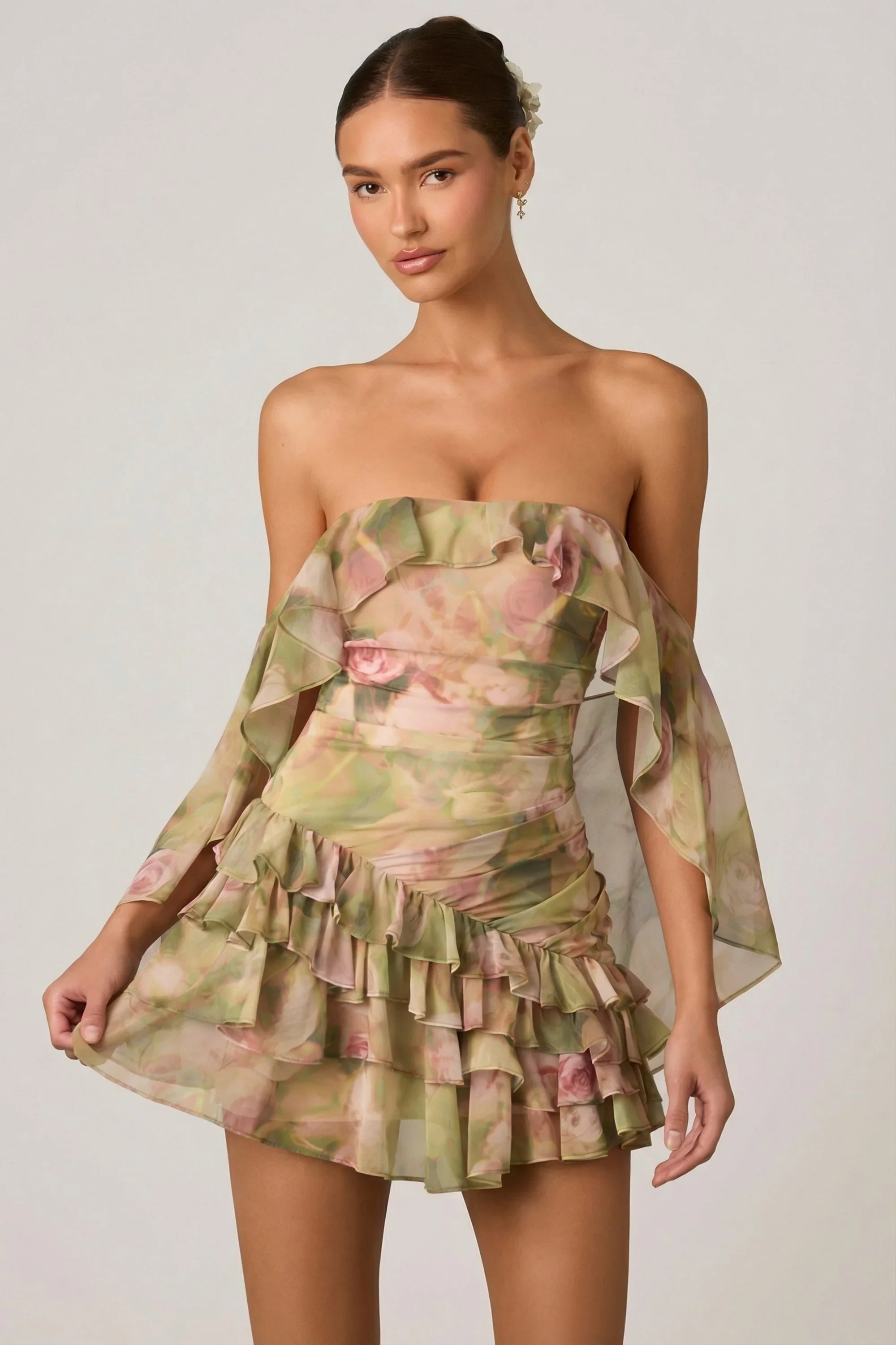 Off-Shoulder Ruffled Mini Dress in Floral Multi Print