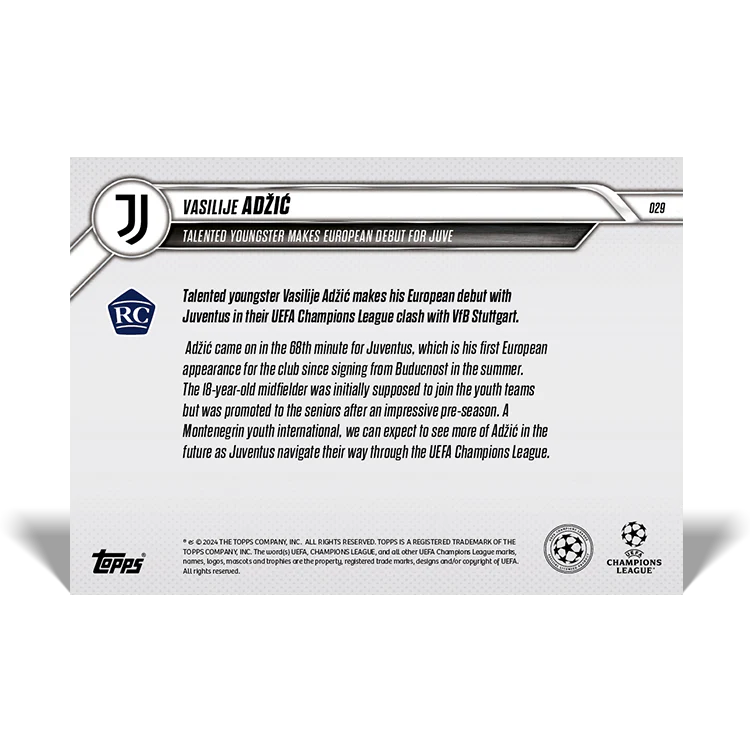Vasilije Adžić - Talented youngster makes European debut for Juve - 24/25 UCC Topps NOW® Card 29