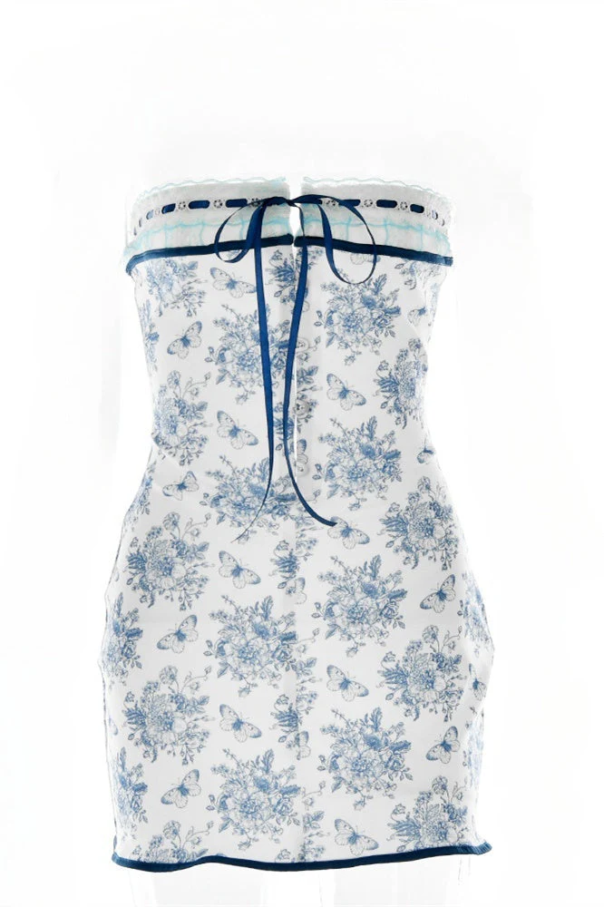 Strapless White and Blue Floral Print Summer Dress