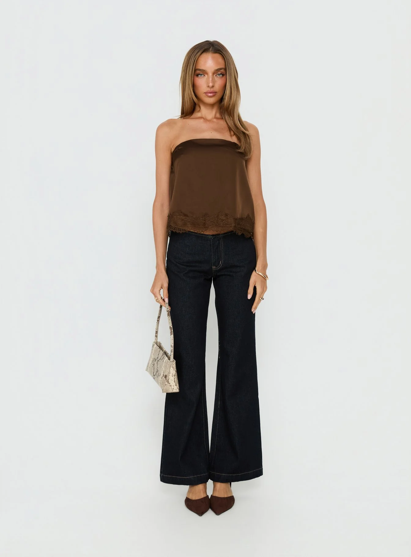 Sheyla Strapless Satin Lace Trim Top Chocolate