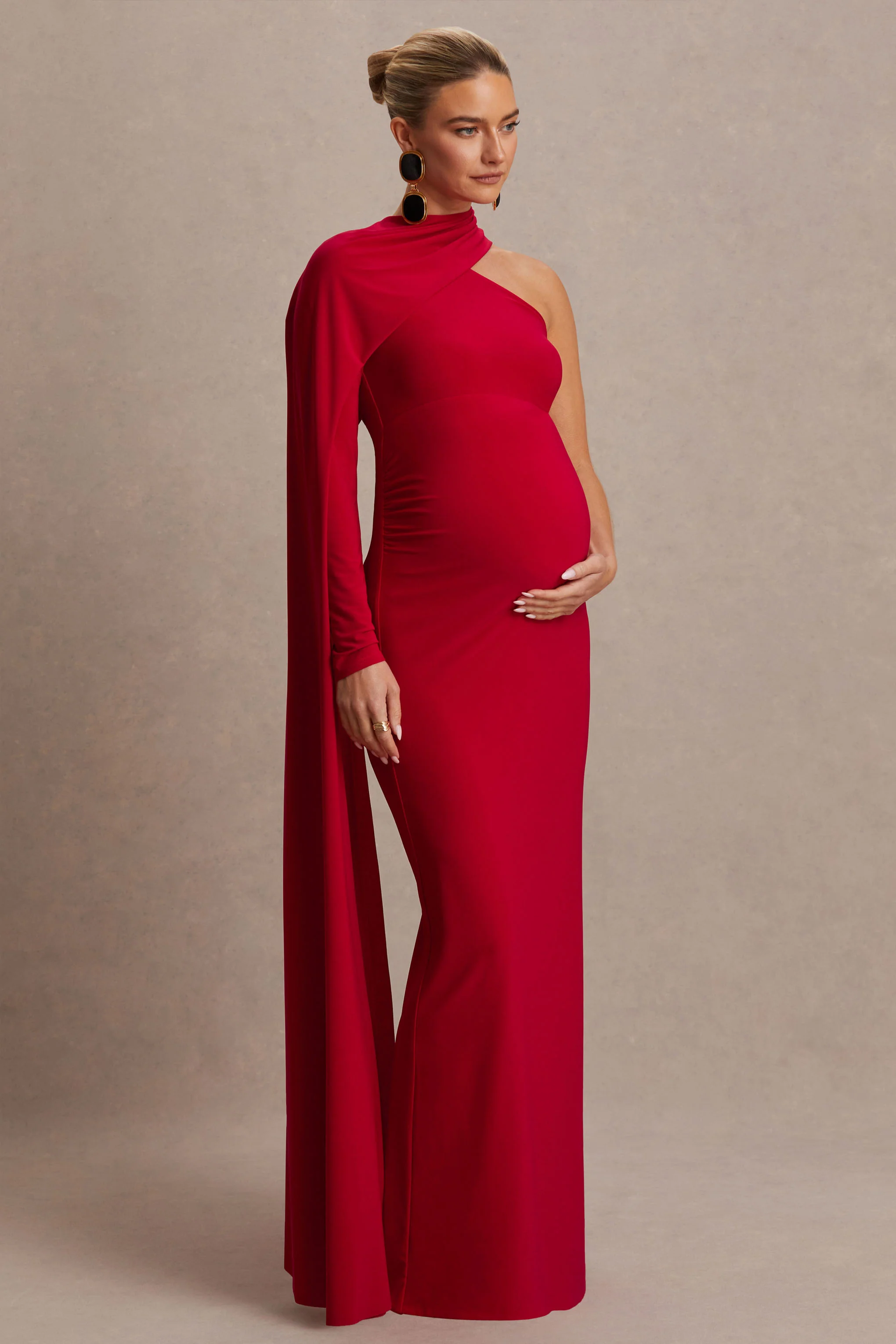Tessy | Red Asymmetric-Neck Maternity Maxi Dress With Cape-Sleeve