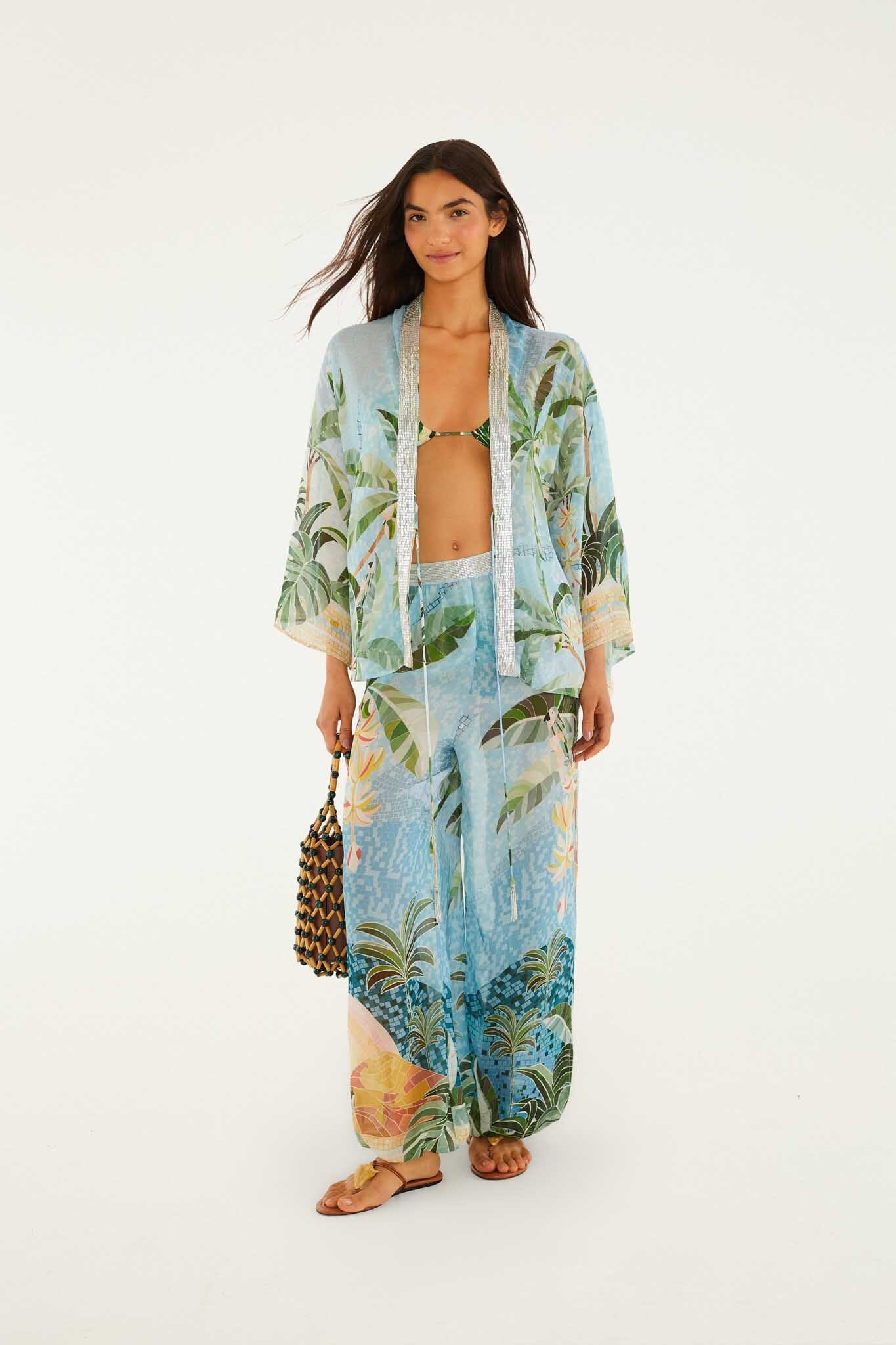 Blue Embroidered Open Front Kimono
