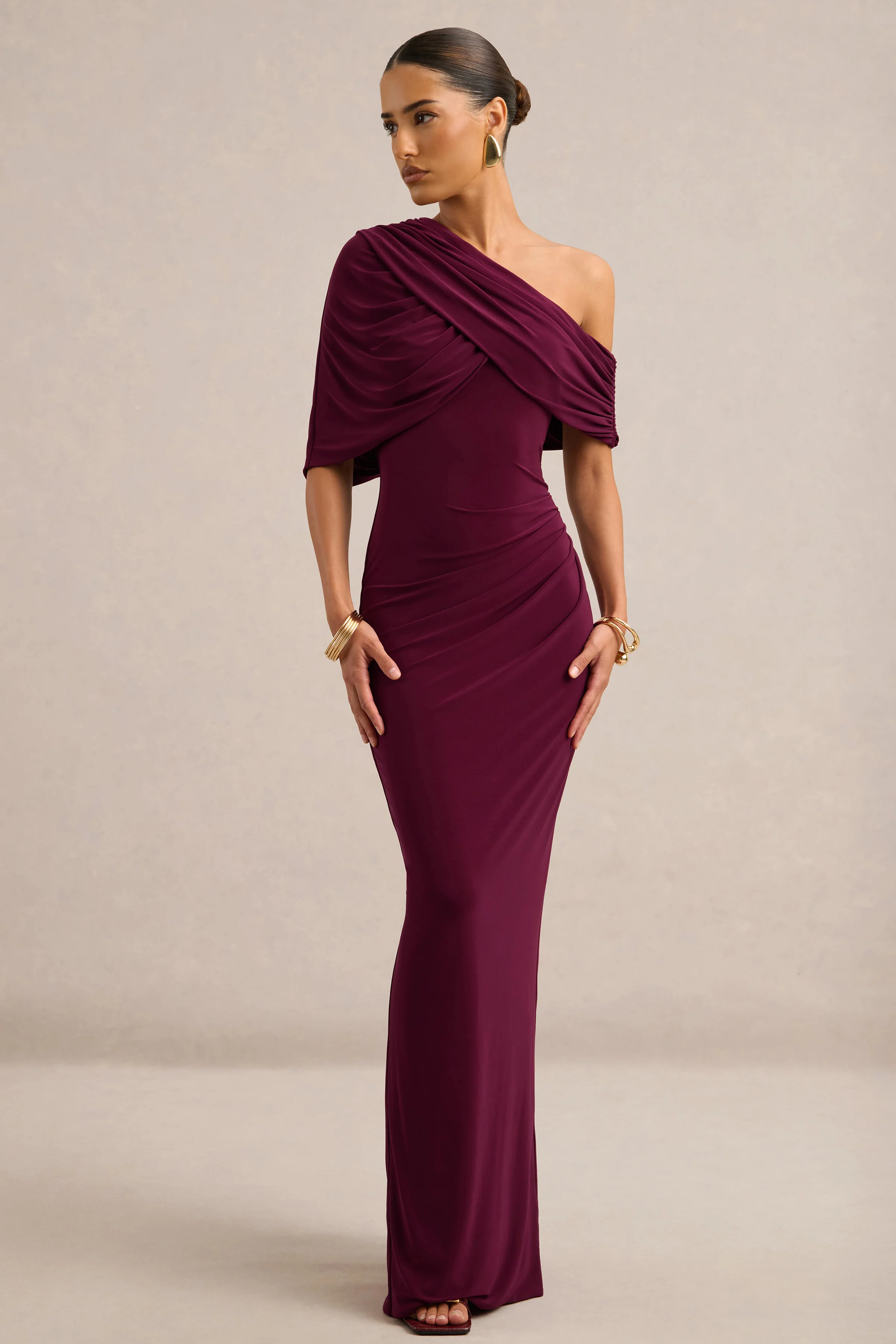 Solenne | Burgundy Jersey One Shoulder Short Sleeve Maxi Dress With Ruching