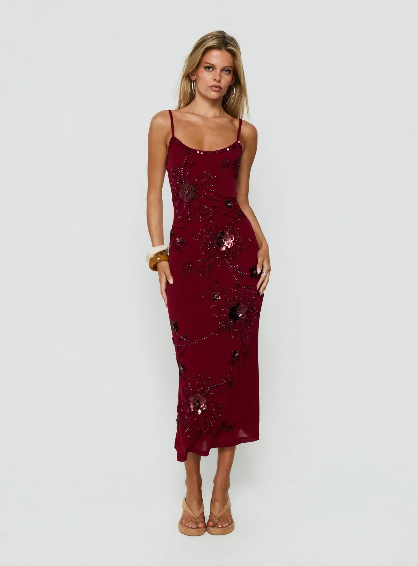 Daphie Beaded Midi Dress Burgundy
