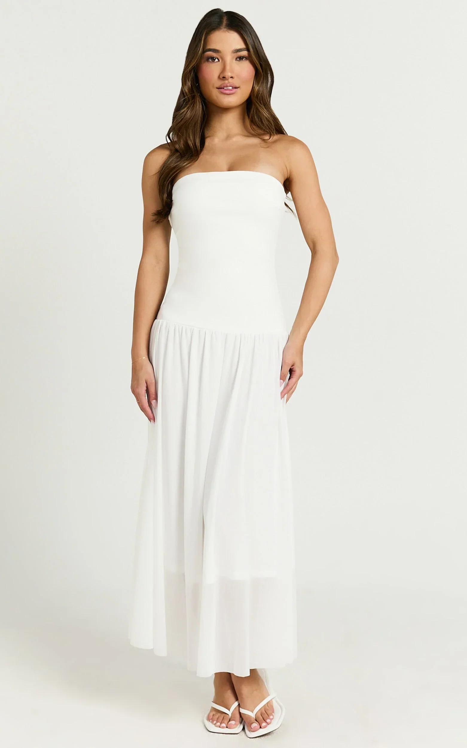Cherie Midi Dress - Strapless Drop Waist Dress in Ivory