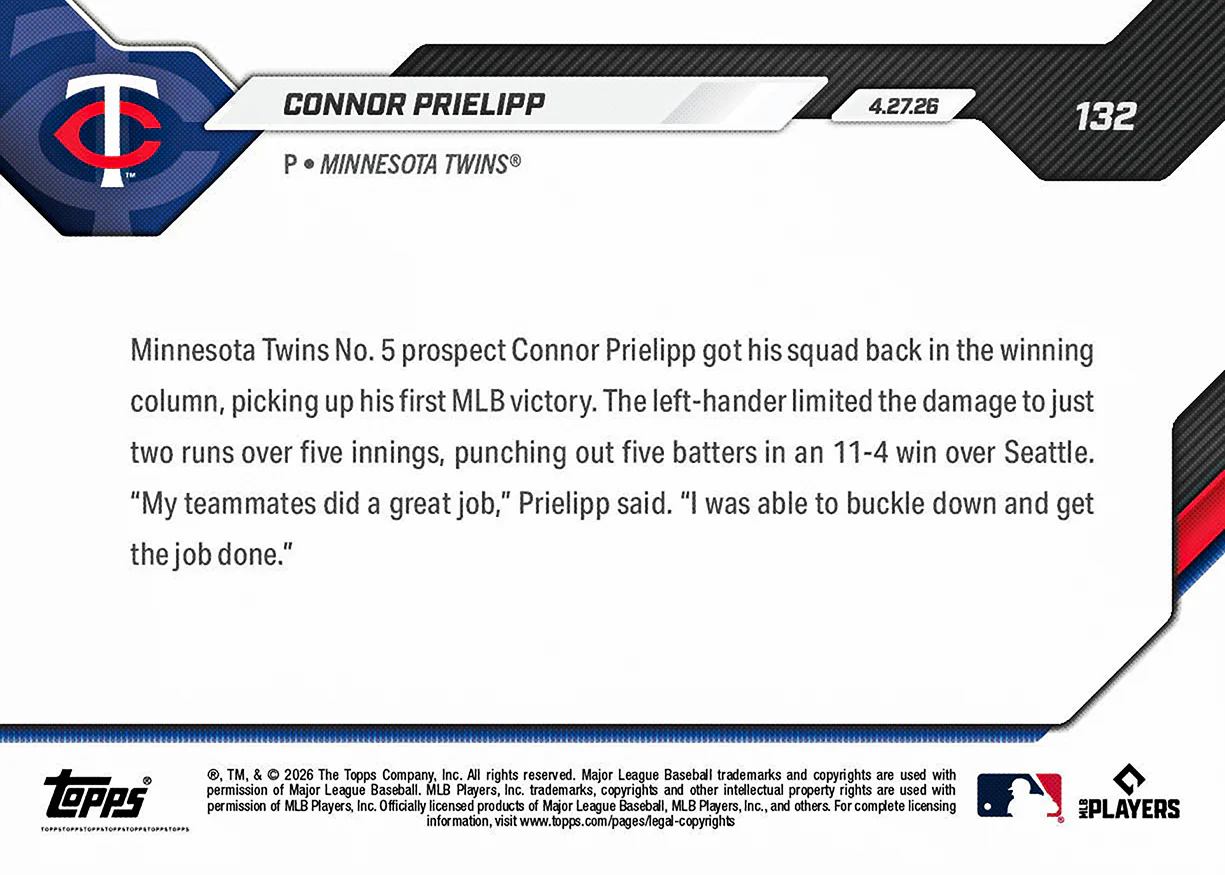 Connor Prielipp - 2026 MLB Topps NOW® - Card 132 - PR: 609