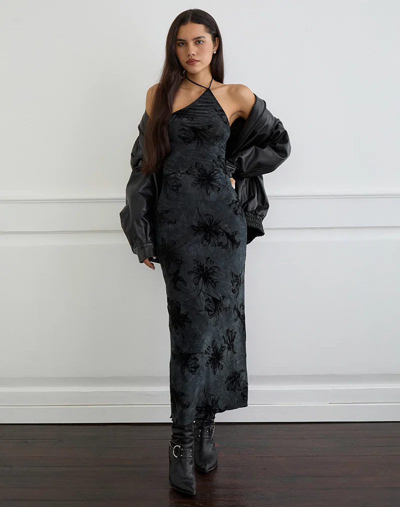 Rikaya Maxi Dress in Burn Velvet Grey