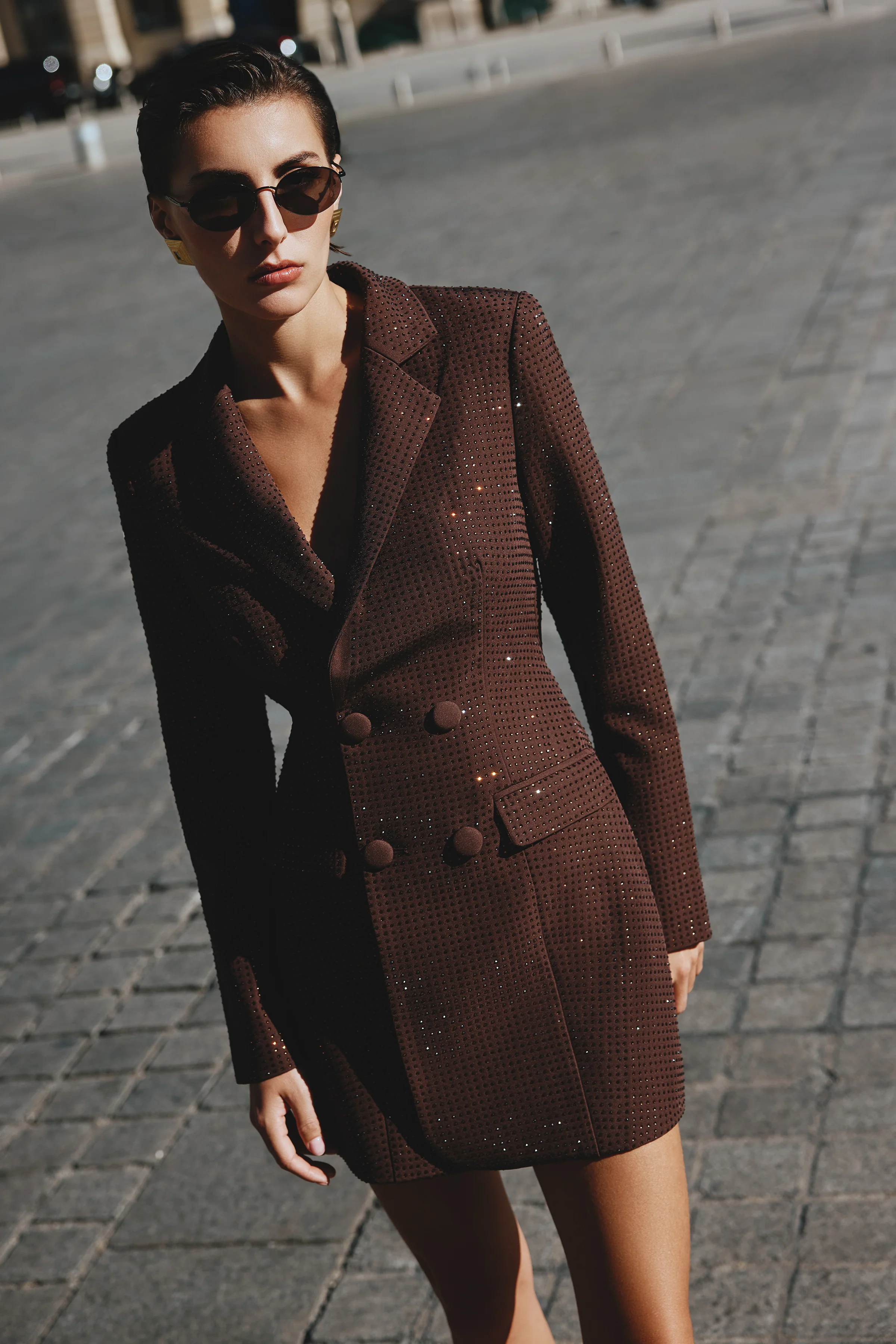 Aramelle | Brown Embellished Plunge Long Sleeve Blazer Mini Dress With Tie Back Detail