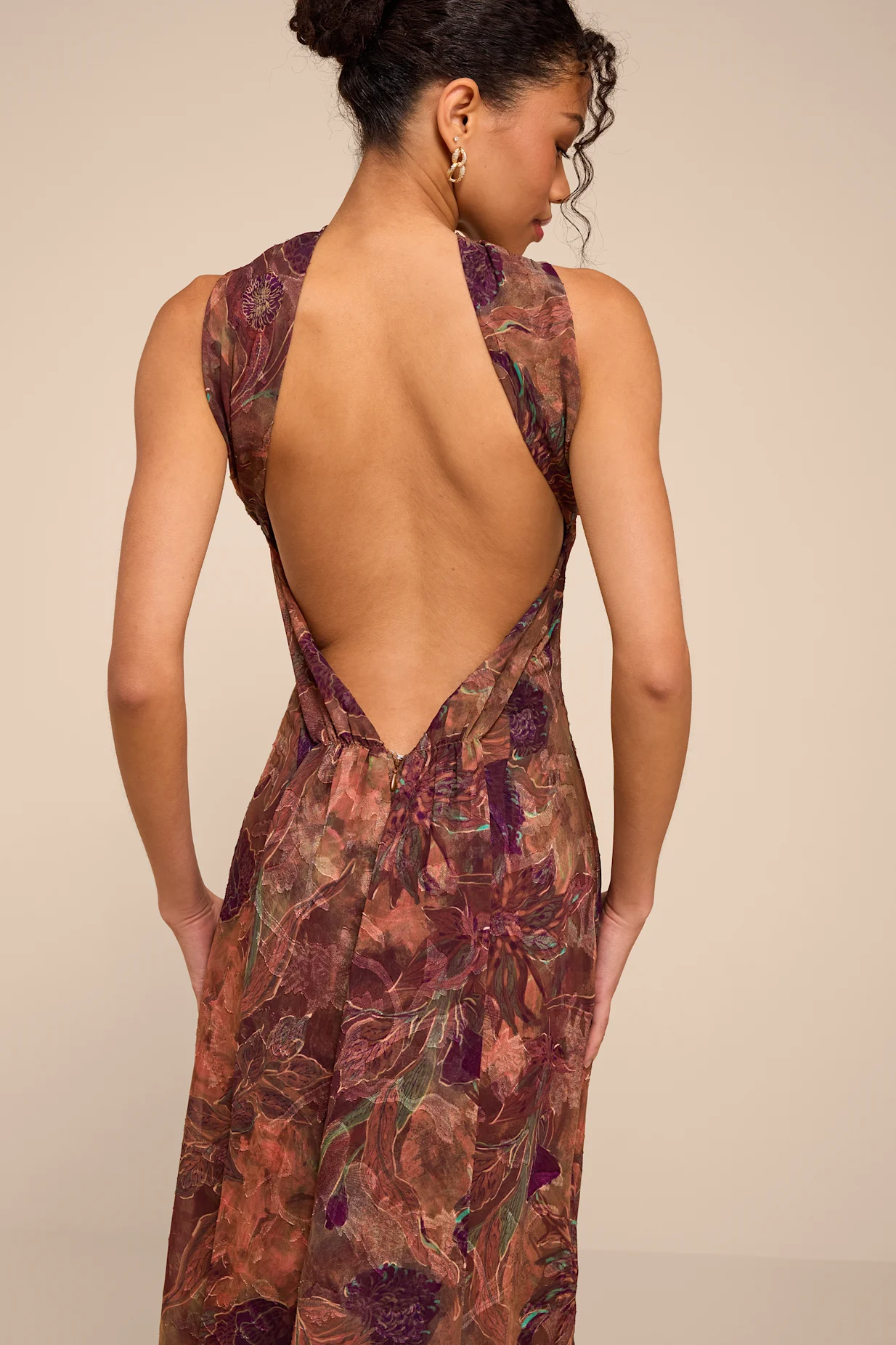 Aviva Brown Multi Jacquard Backless Scarf Midi Dress