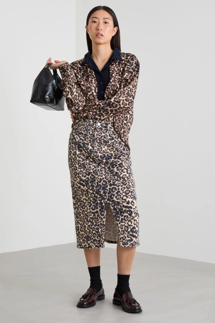 Animal print denim midi skirt - BROWN