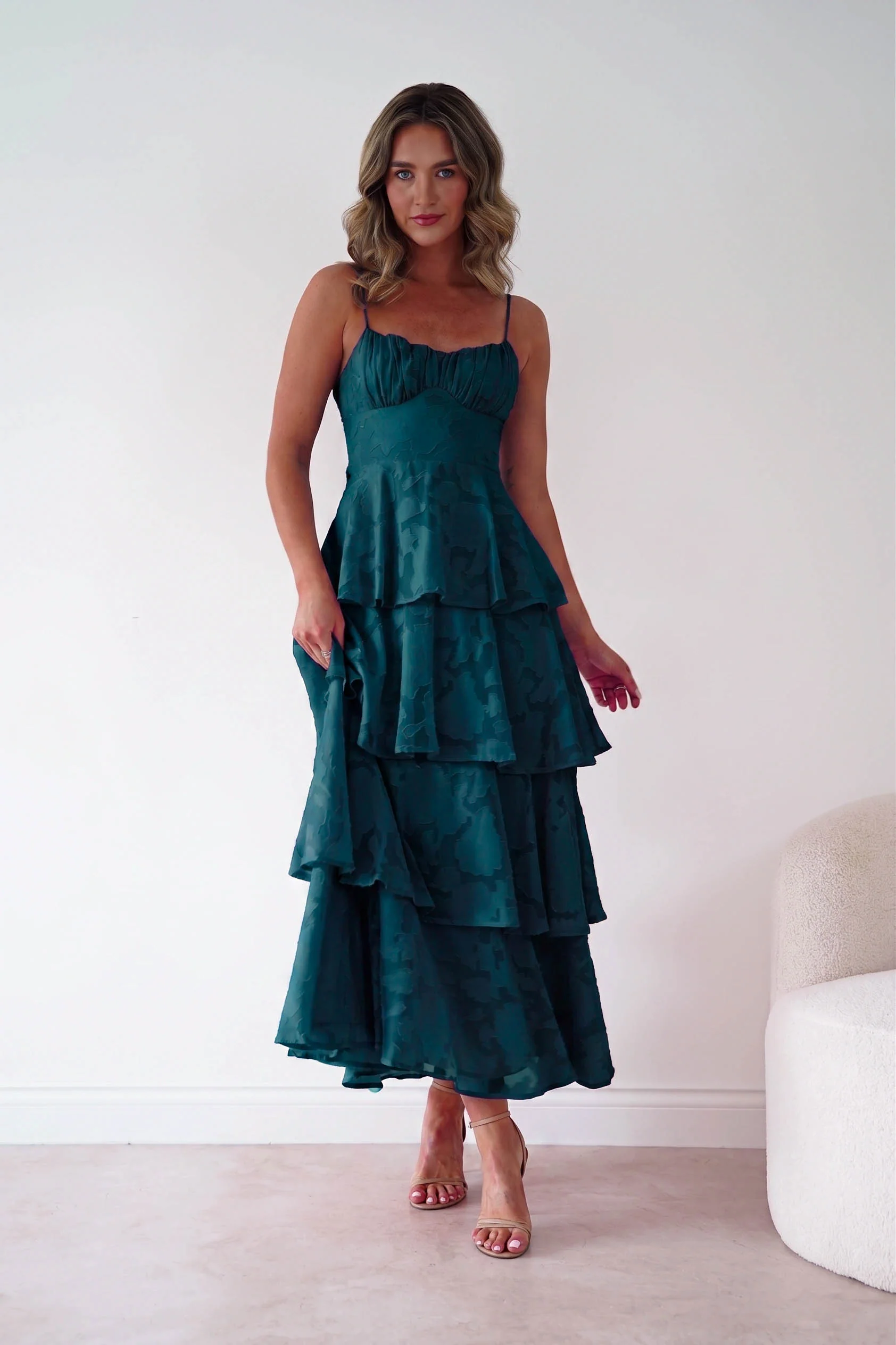 Patsy Floral Jacquard Tiered Maxi Dress | Green
