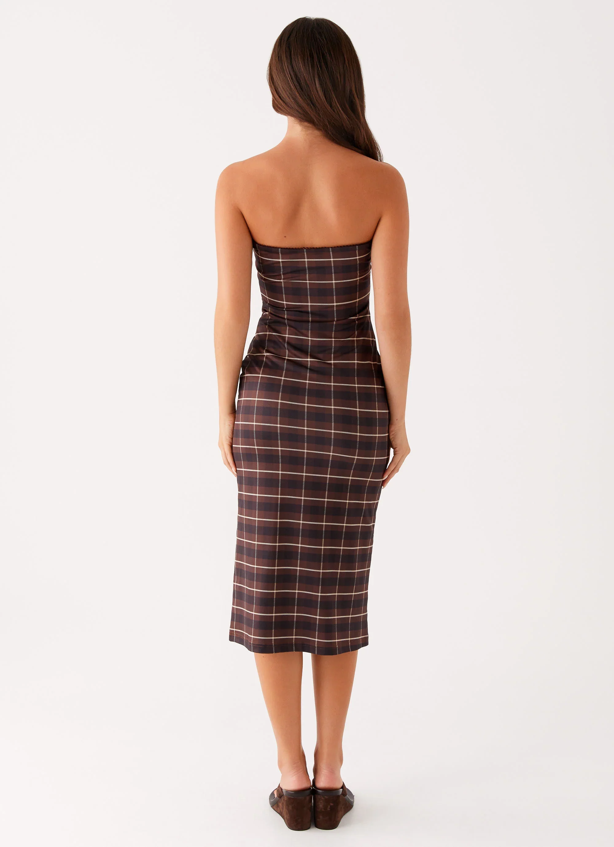 Niko Strapless Midi Dress - Brown Black Check