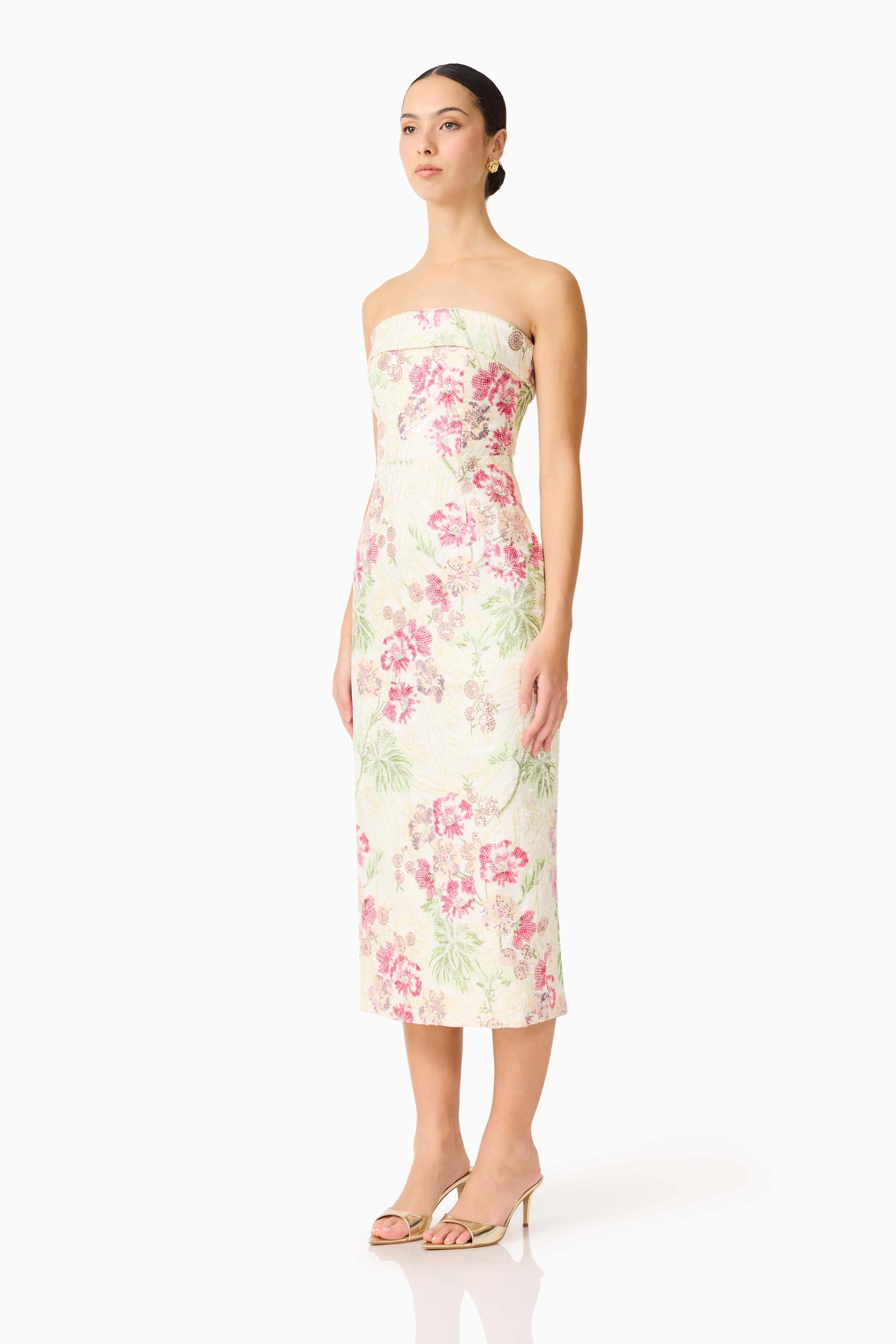 Greta Embroidered Midi Dress in Cream & Pink Floral