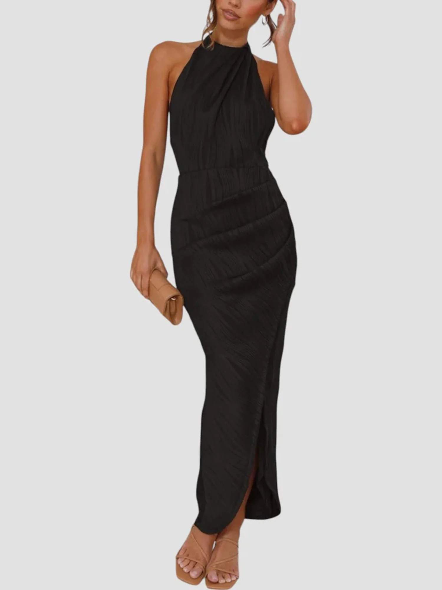 Black Halter Pleated Midi Dress
