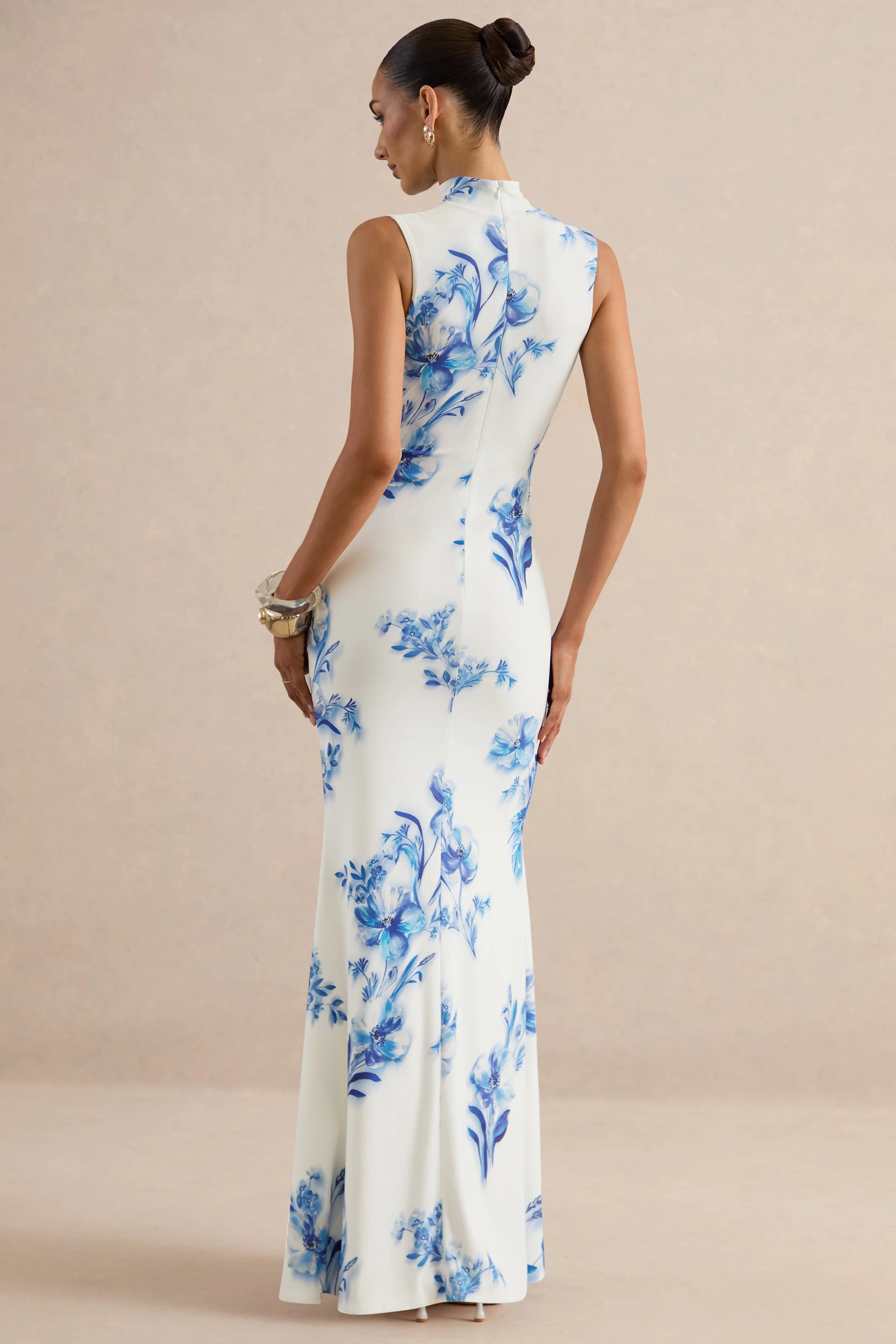 Isella | Blue Floral Print High-Neck Maxi Dress With Gathered Detailing