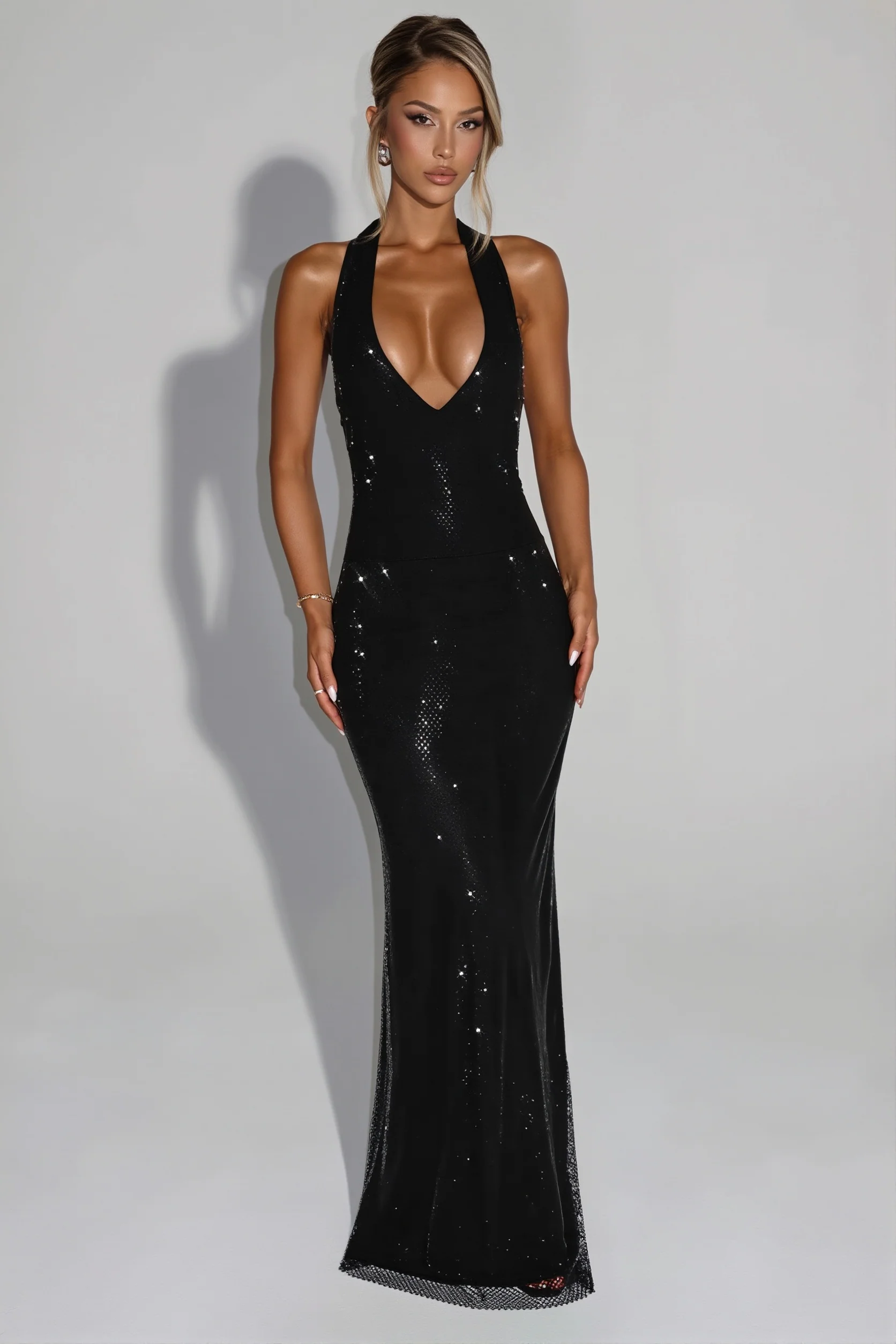 Sequin Deep V-Neck Bodycon Maxi Dress