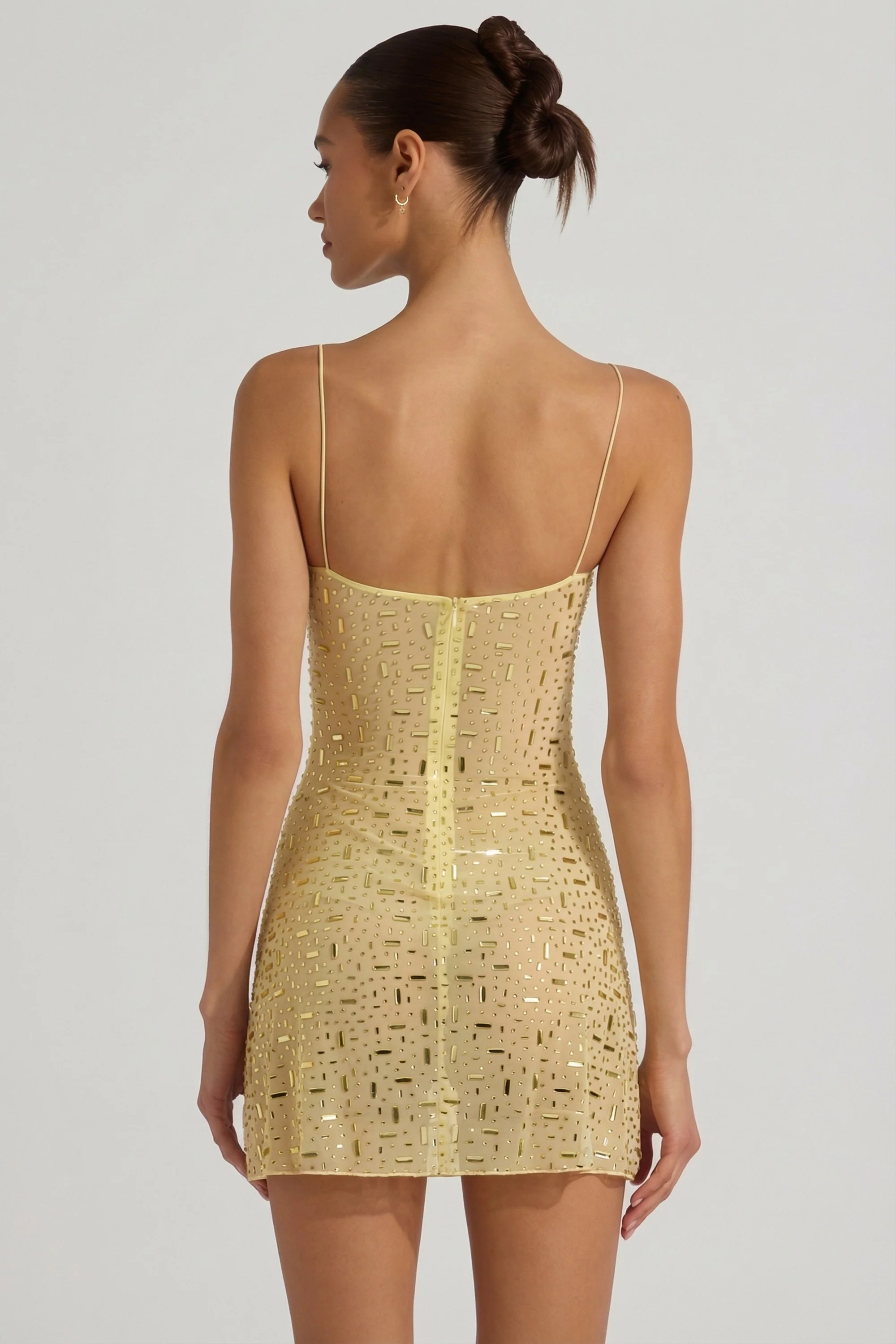 Sheer Embellished Square-Neck Mini Dress in Yellow