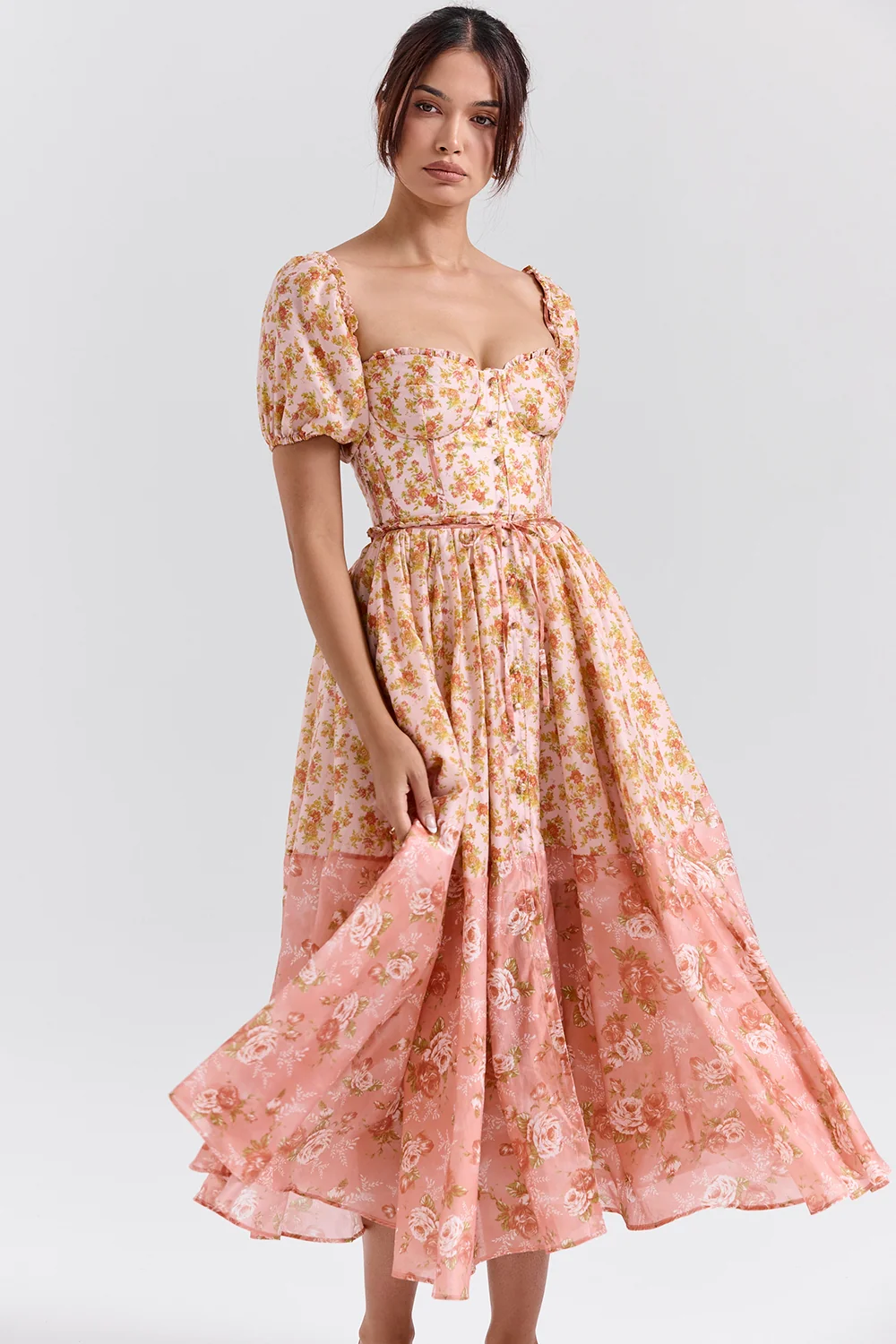 Peach Poppy Print Puff Sleeve Midi Sundress