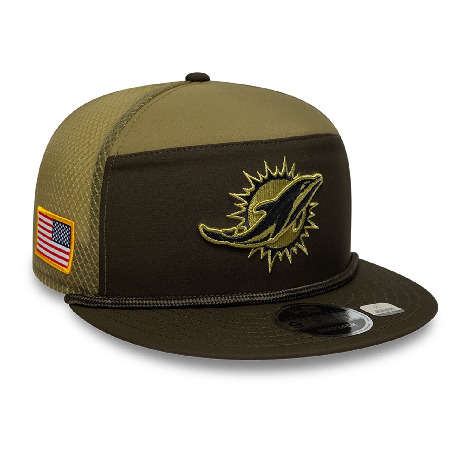 Miami Dolphins 2025 NFL Salute to Service 9FIFTY Split Panel Trucker Snapback Cap Olive