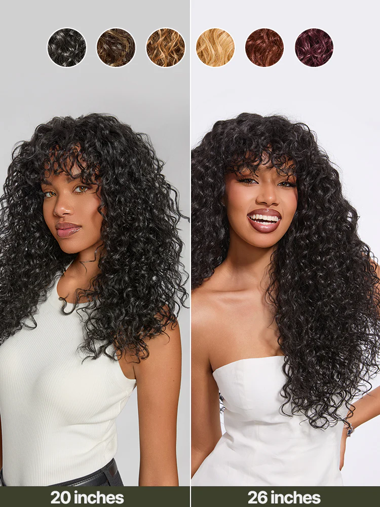 Ophirawig Veralux Put on and Go Boho Curly Blend Human Hair Wig with Bangs Effortless Shaggy Waves
