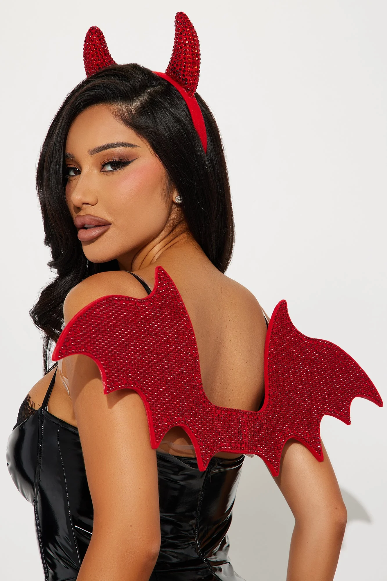 Perfect Devil Rhinestone Wing Horn 2 Piece Set - Red