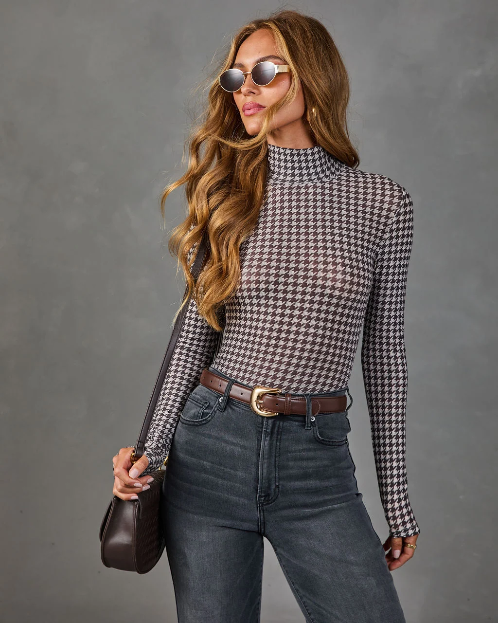 Kensley Turtleneck Houndstooth Print Top