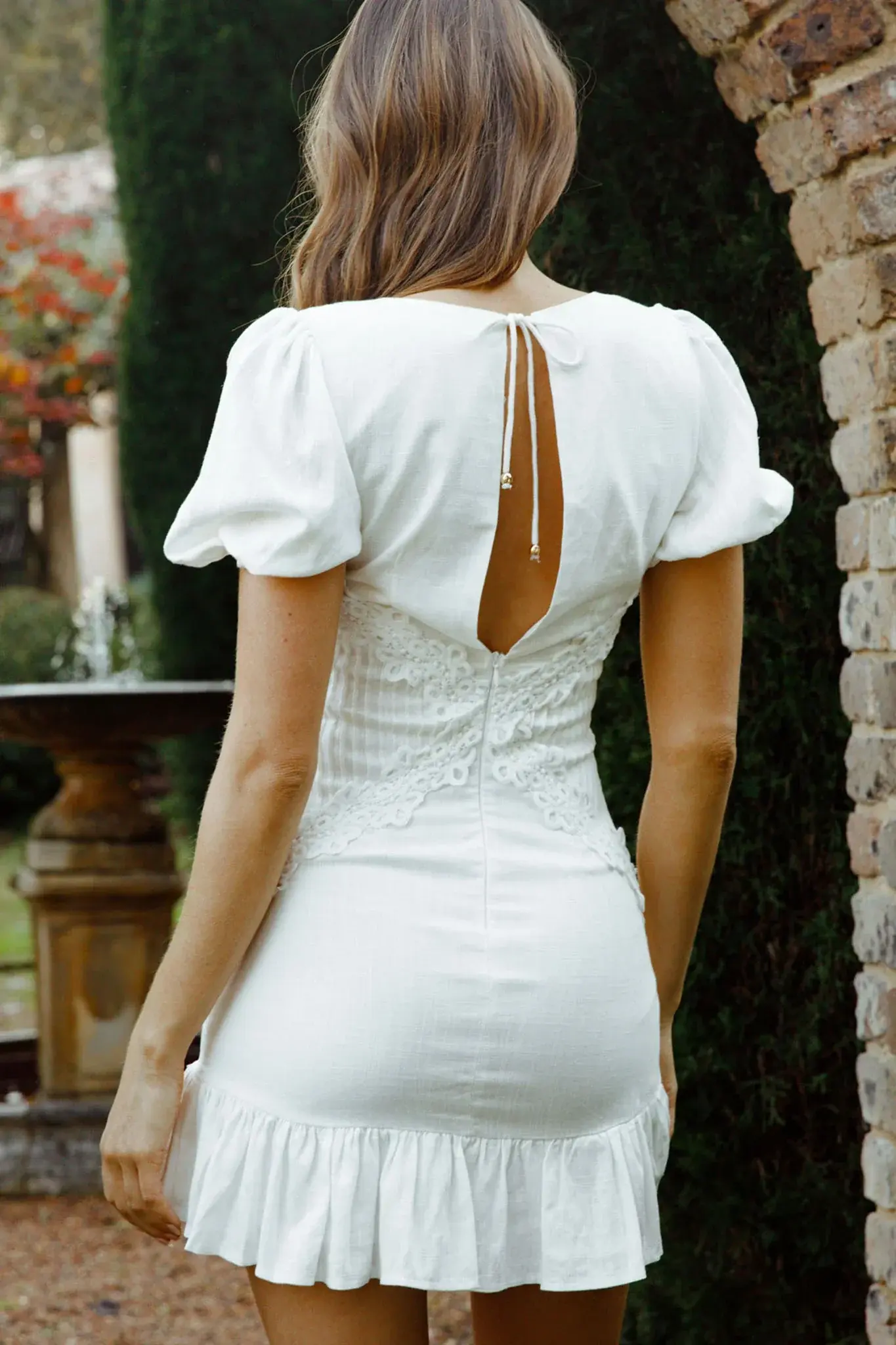 Avignon Puff Sleeve Lace and Pintuck Pleat Dress White