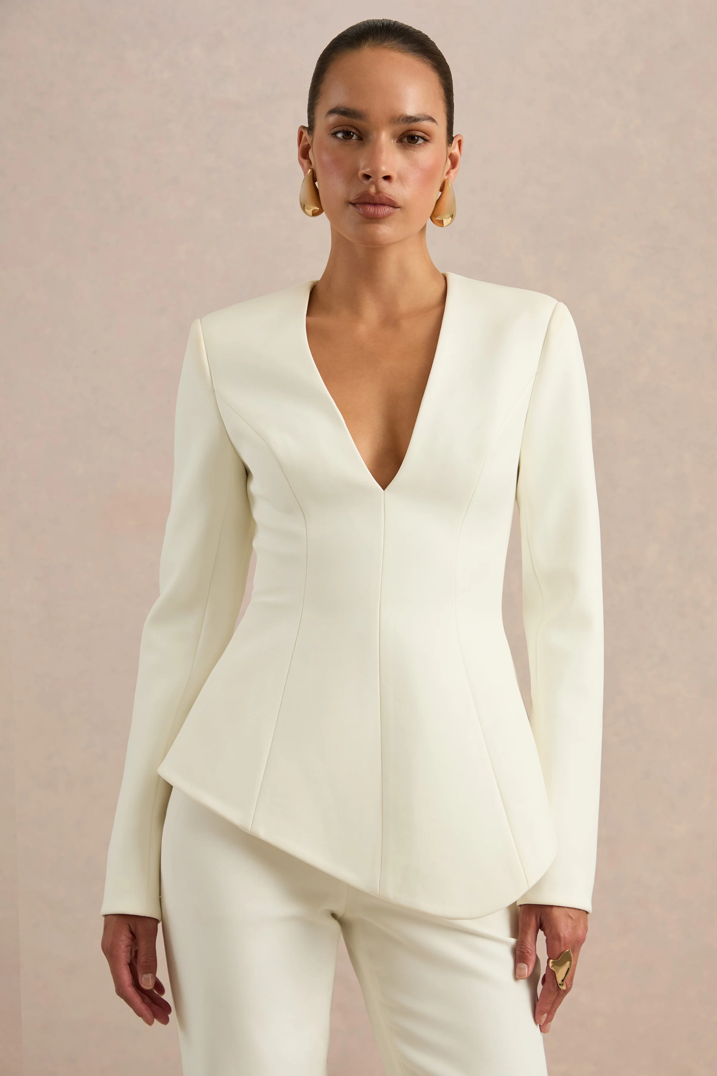 Ysabel | Cream Plunge Tailored Long Sleeve Top