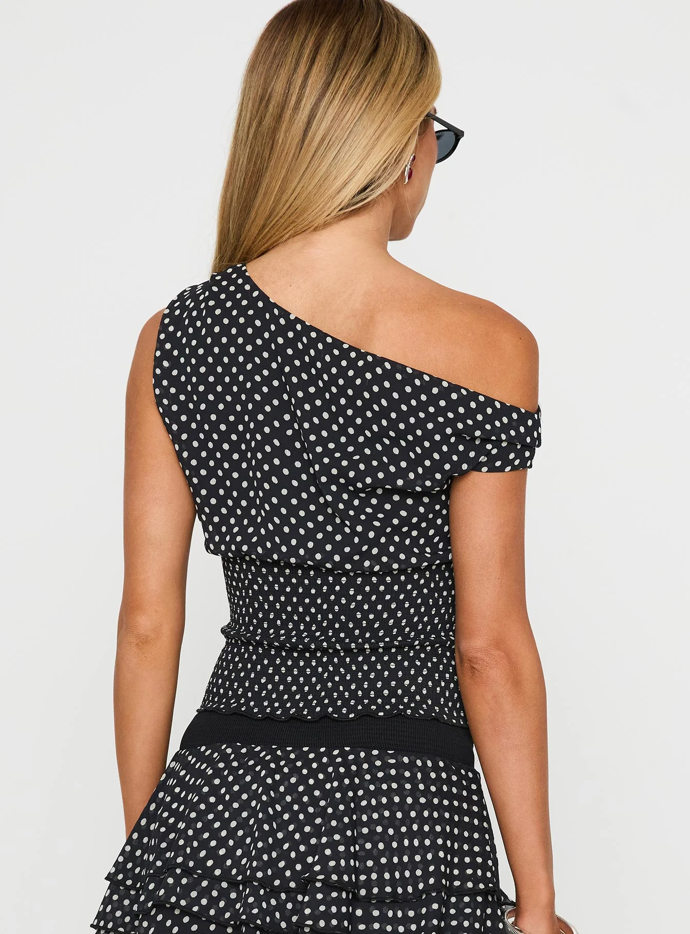 Ready To Party Off Shoulder Top Black Polka Dot