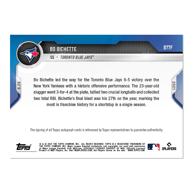 On-Card Auto # to 1 - Bo Bichette - 2021 MLB TOPPS NOW® Card 877F