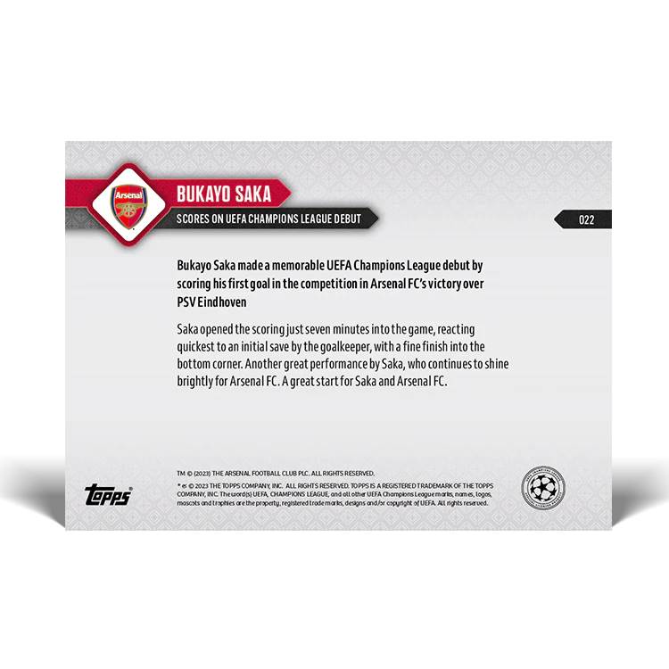 Topps UK - Bukayo Saka - Scores on UEFA Champions League debut - UCL TOPPS NOW® Card #22