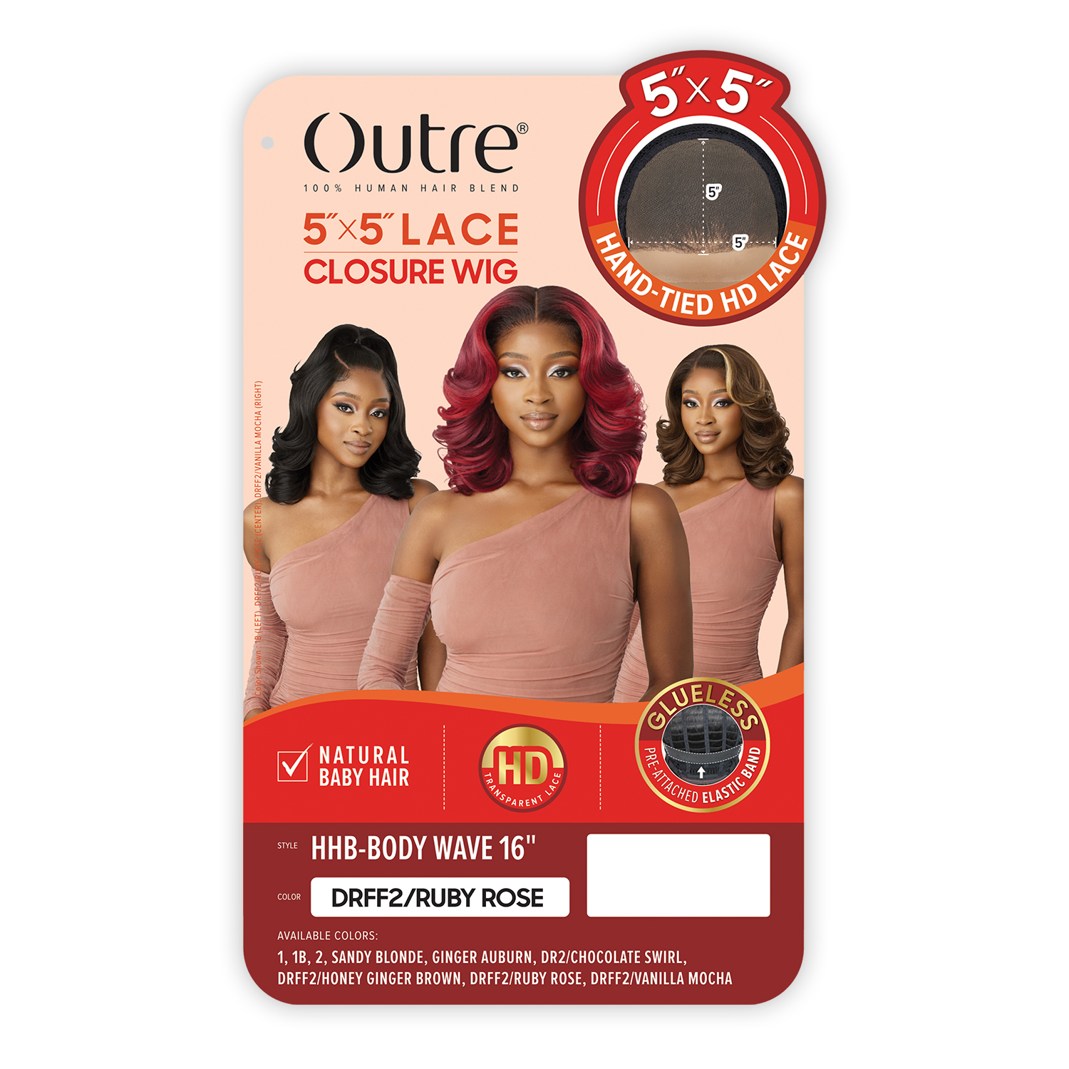 Outre Human Hair Blend Glueless HD 5X5 Lace Closure Wig HHB-Body Wave 16