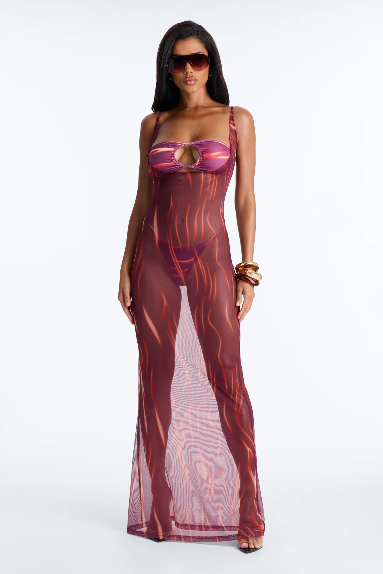 Soul On Fire 3 Piece Bandeau Bikini & Cover Up Plunge Maxi Dress - Red/combo