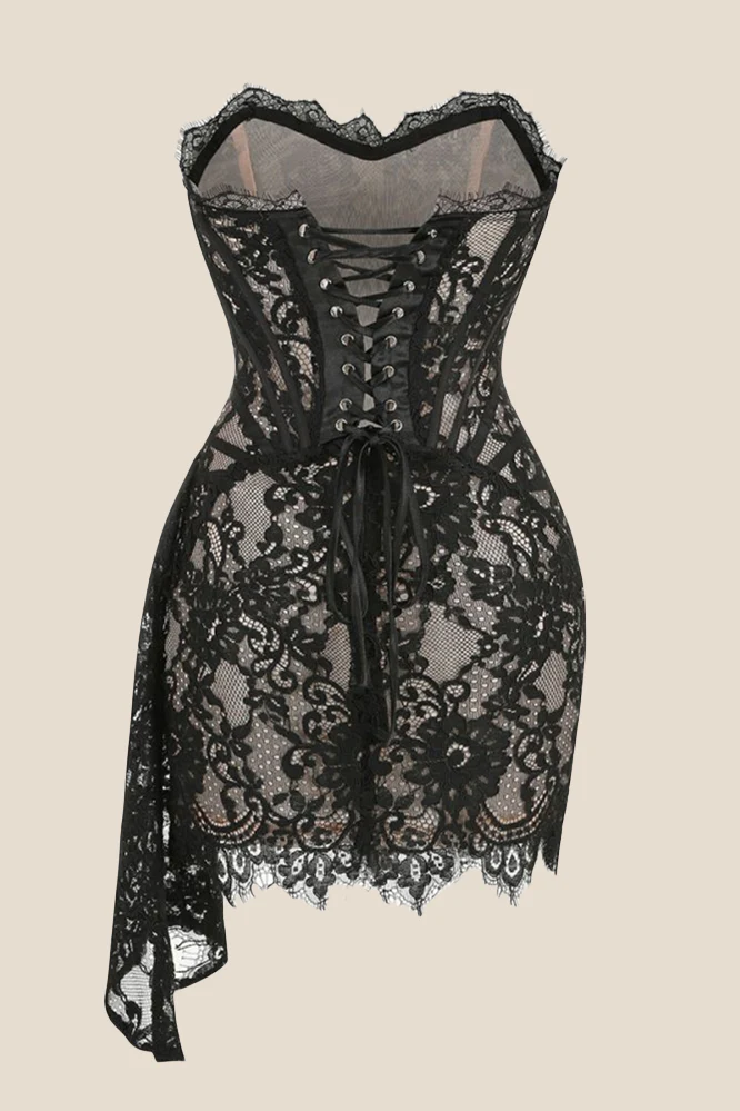 Strapless Black Tight Lace Short Dress with Train