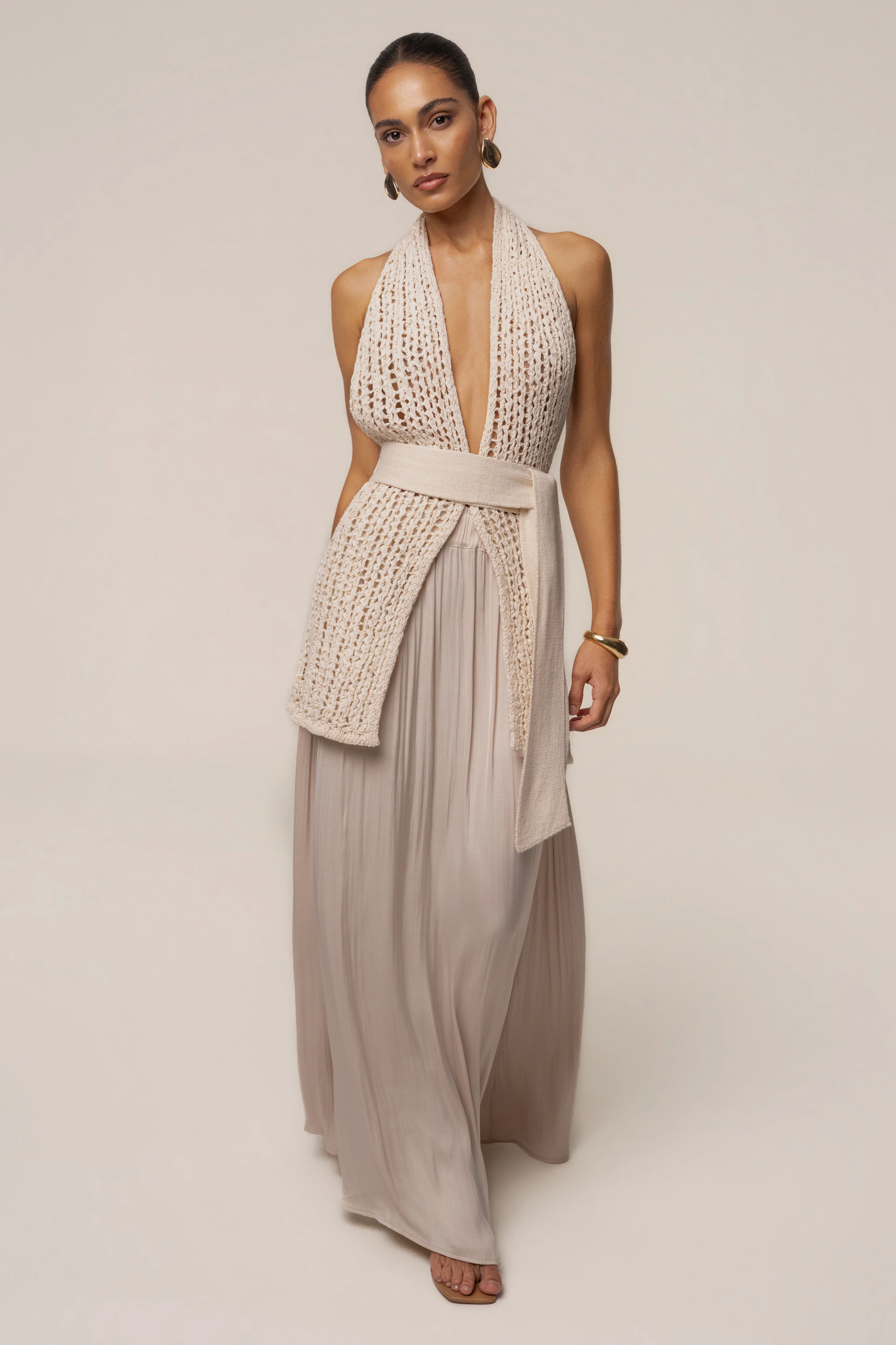 Beige River Satin Maxi Skirt