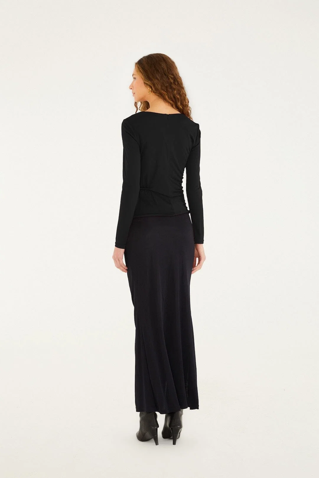 Black Flower Draped Side Slit Midi Skirt