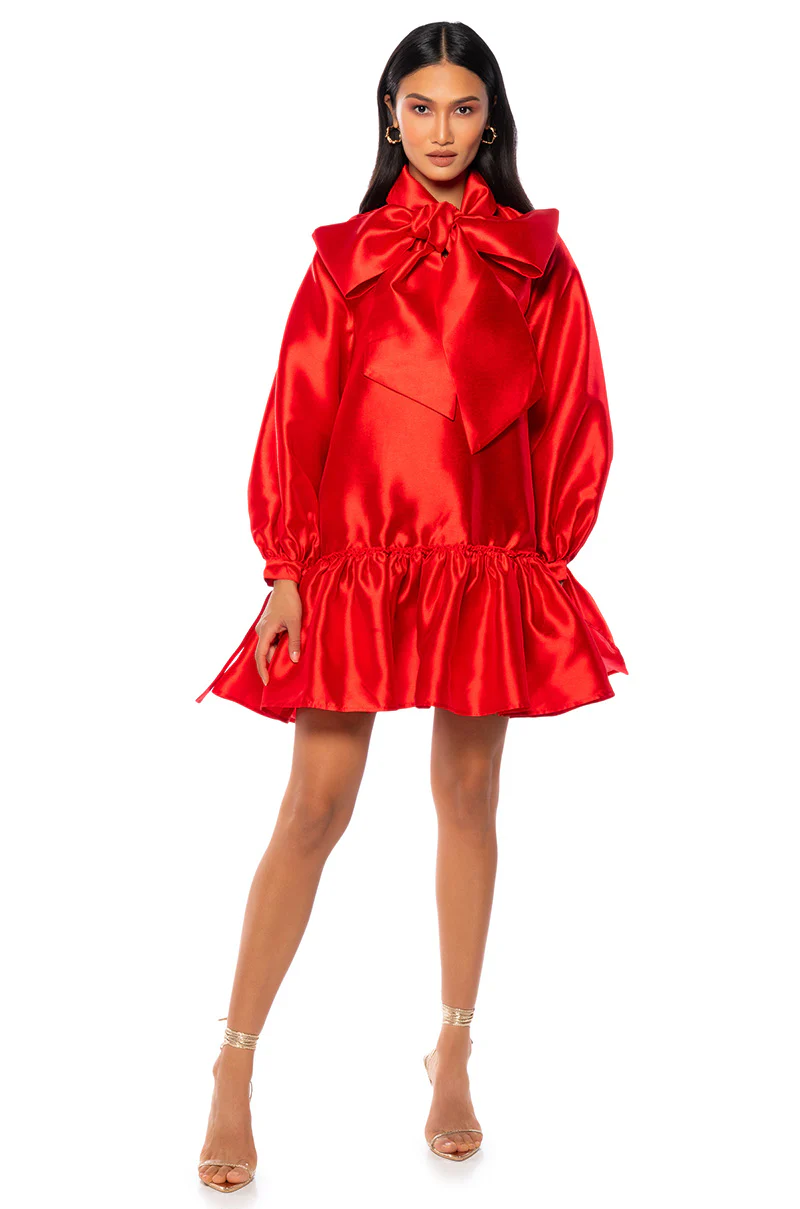 Puff Sleeve Drop Waist Mini Dress In Red