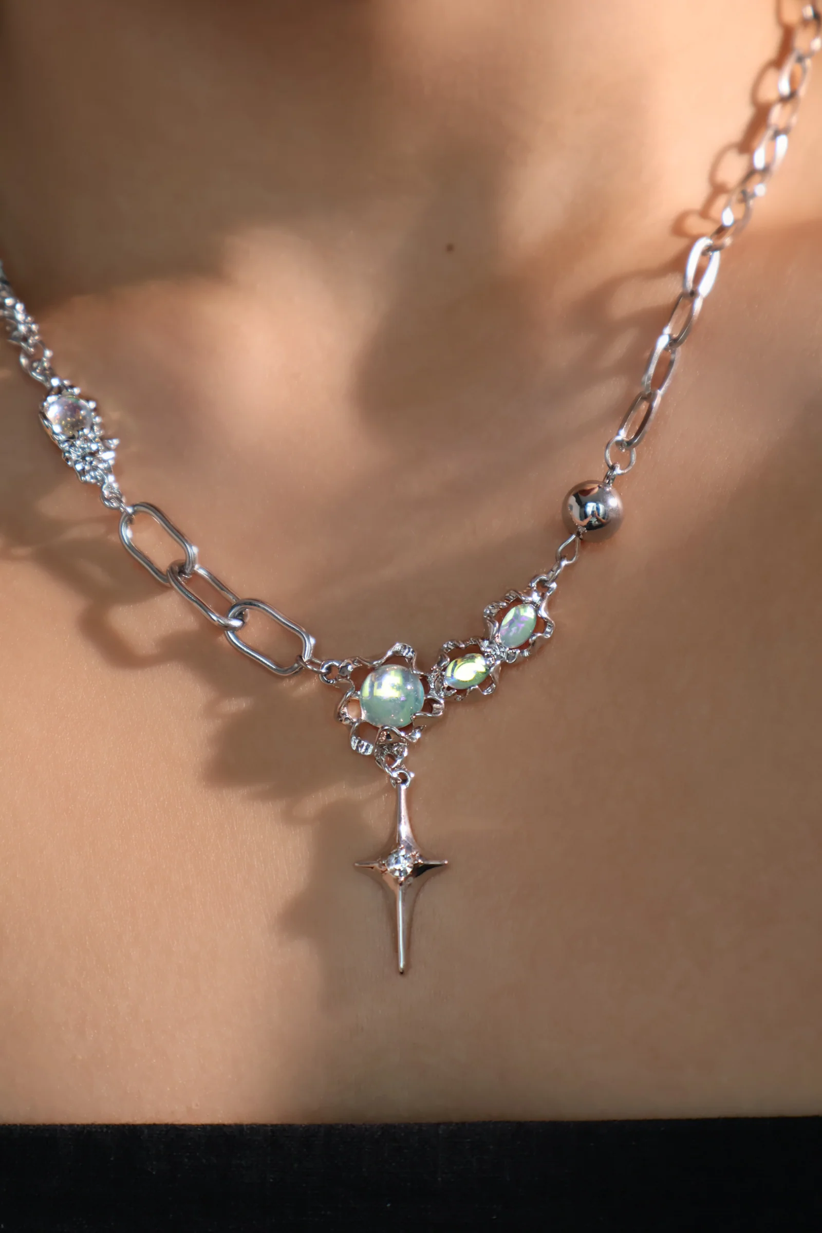 Palladium White Gold Plated Opal Star Necklace