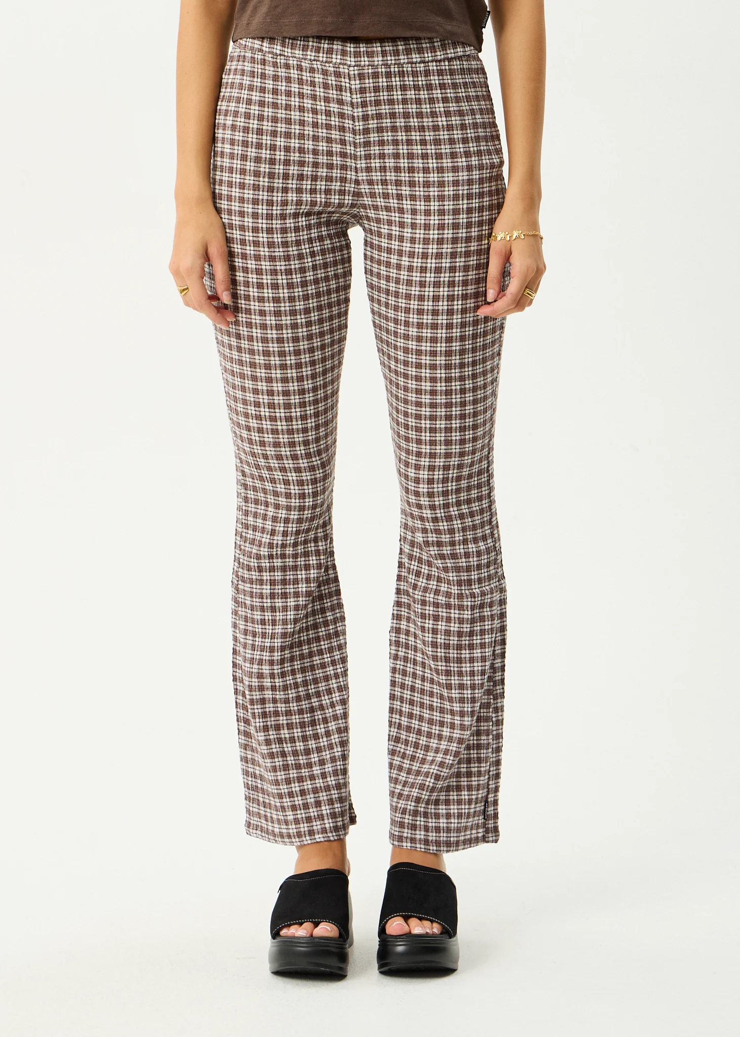 AFENDS Womens Base - Seersucker Flare Pant - Coffee Check