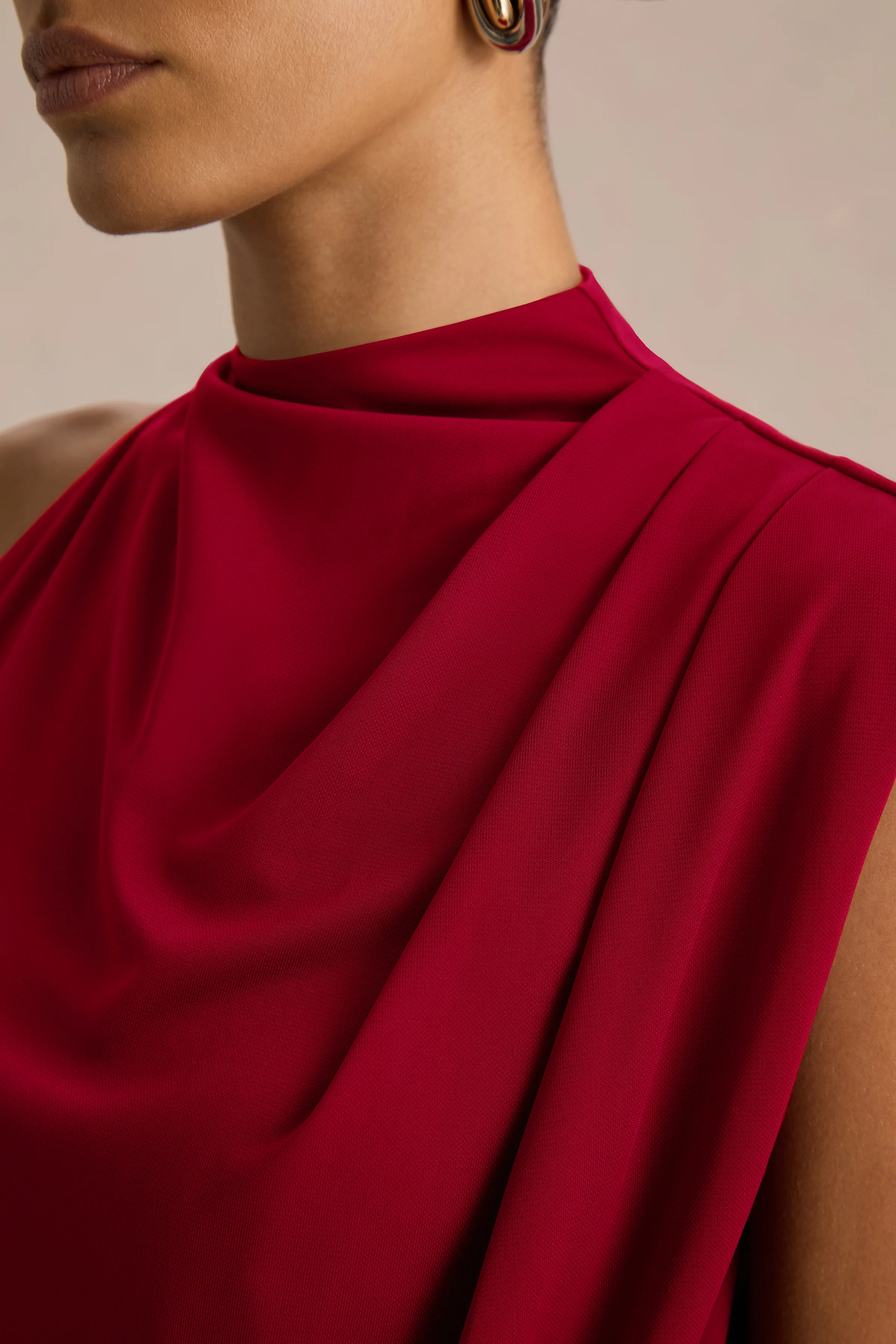 Umaira | Red Ruched High Neck Maxi Dress With Draped Detailing