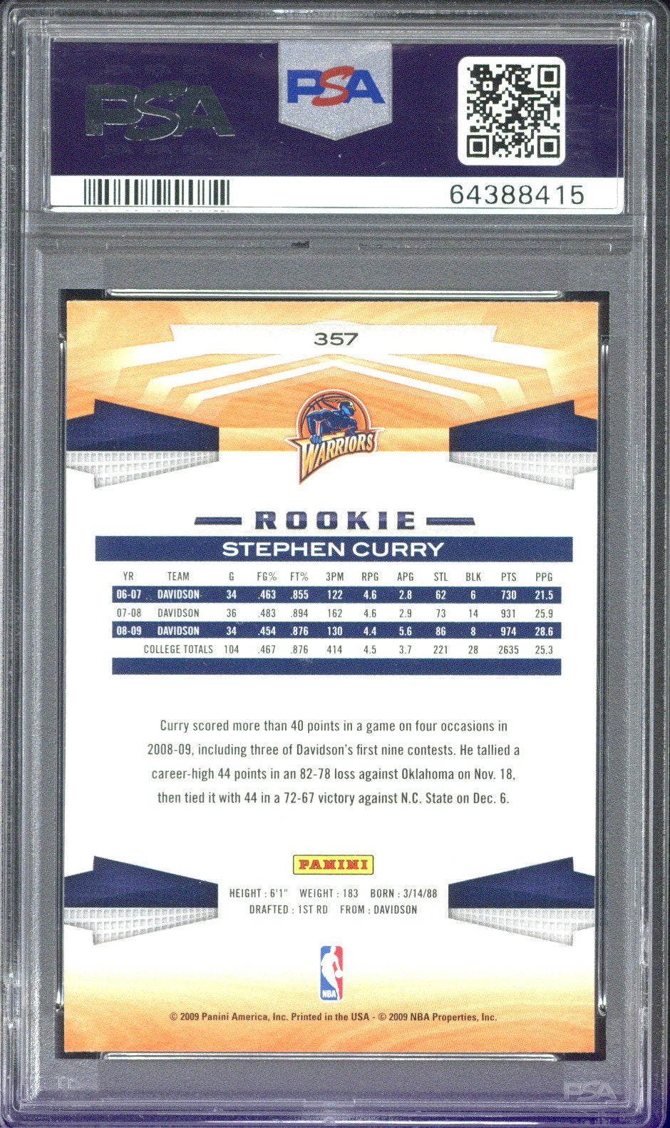 2009 Panini Stephen Curry RC #357 PSA 9