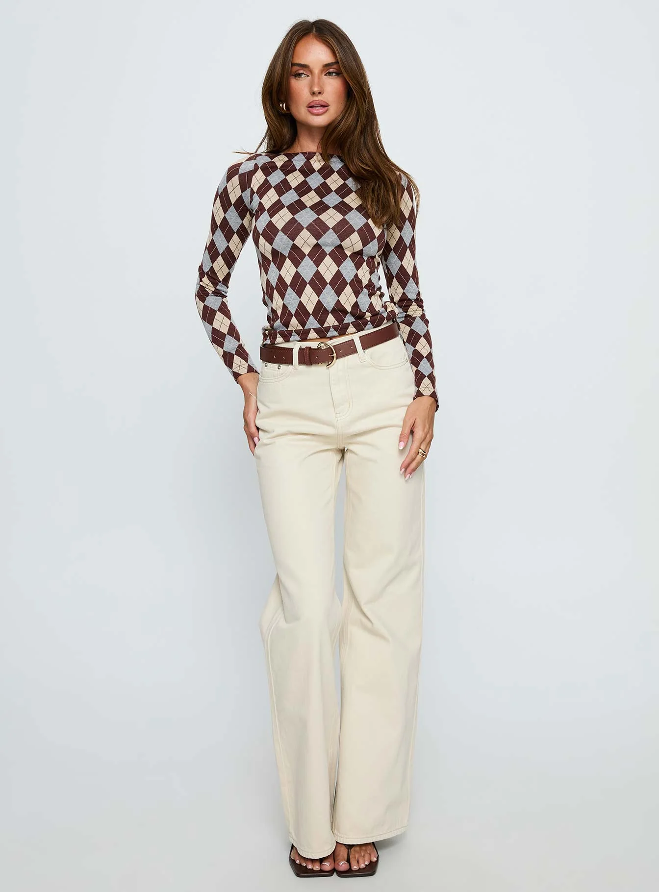 Shonna Boat Neck Long Sleeve Top Argyle