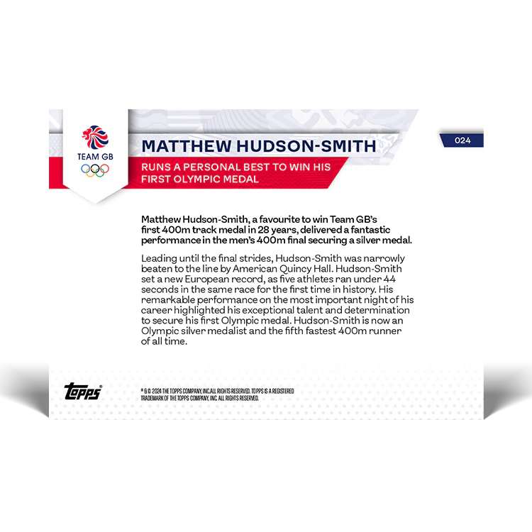 Matthew Hudson-Smith - Runs a personal best to win his first Olympic medal - 2024 Team GB TOPPS NOW® Card 24