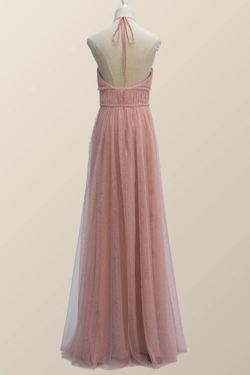 Halter Blush Pink Tulle Long Bridesmaid Dress