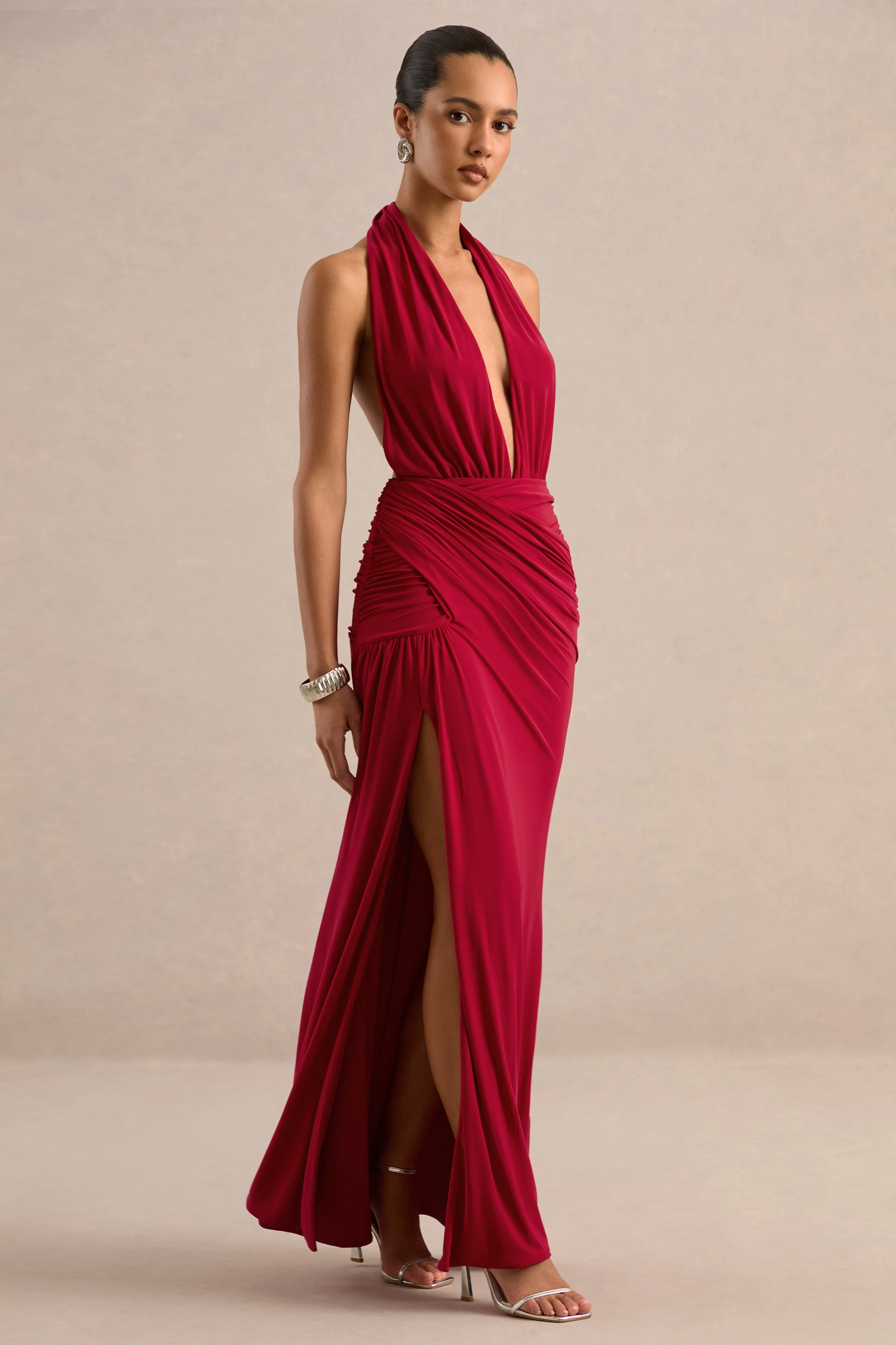 Tilly | Red Jersey Ruched Plunge Wrap Maxi Dress With Open Back And Split